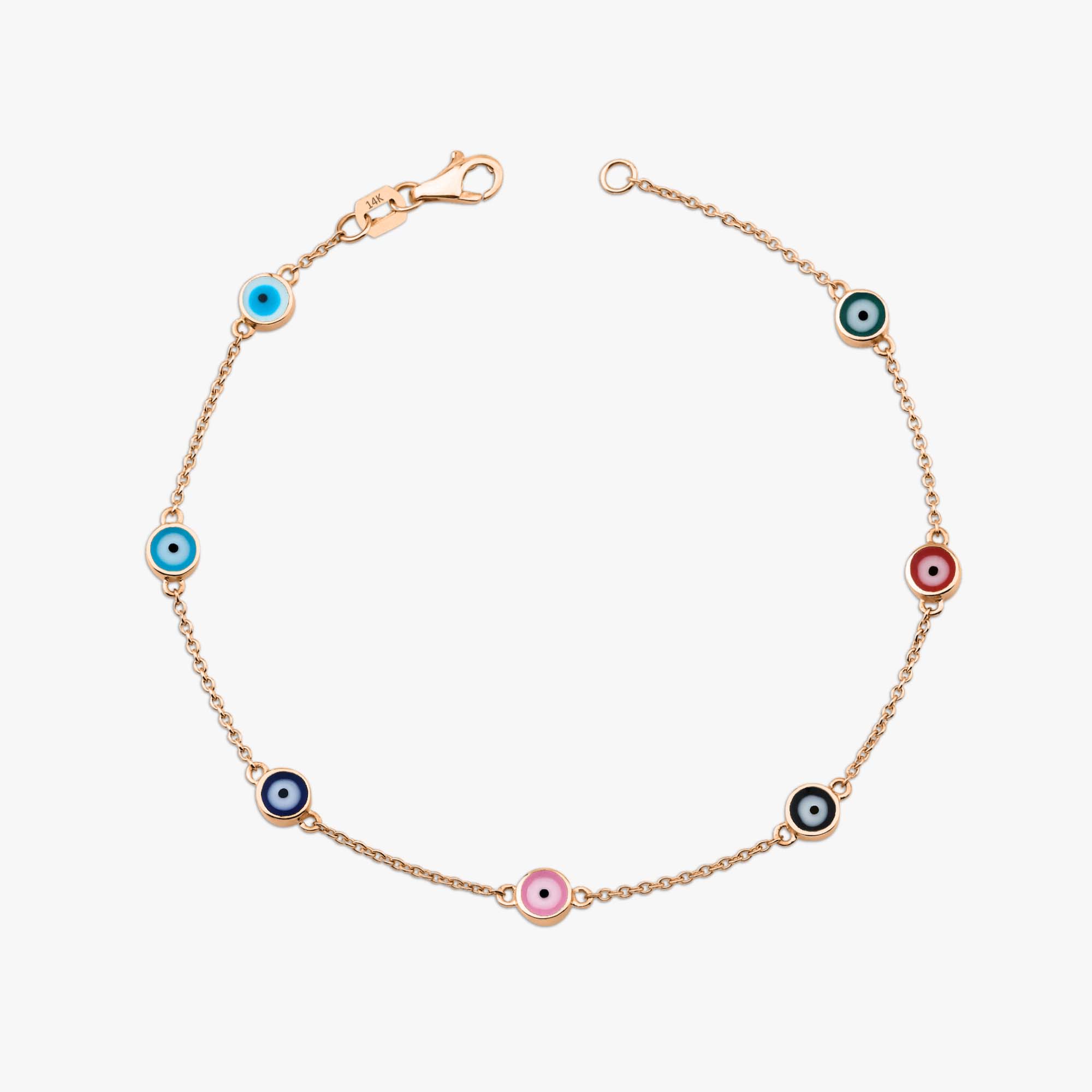 14k rose gold multicolor evil eye bracelet with 7 evil eyes shown on a white background