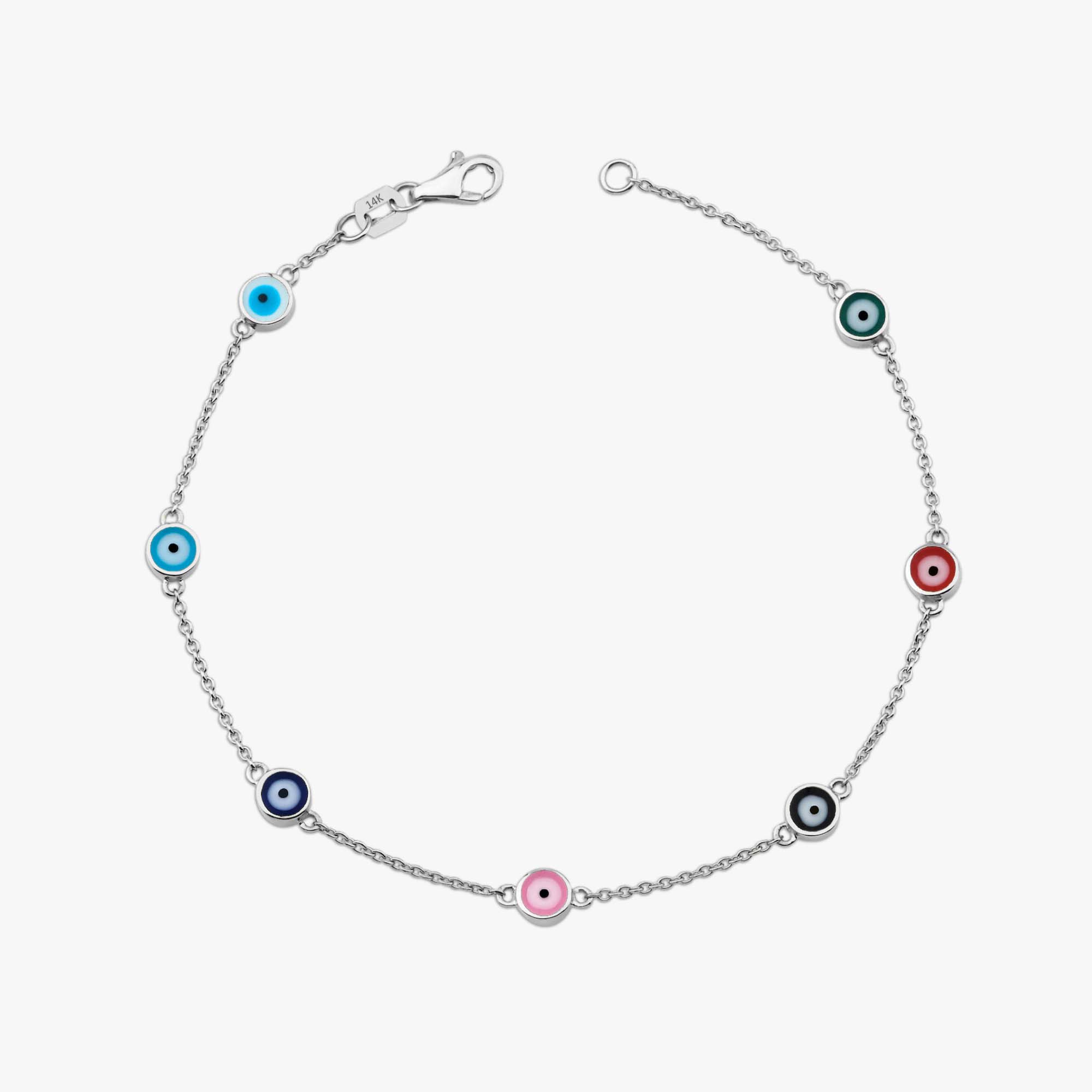 14k white gold multicolor evil eye bracelet with 7 evil eyes shown on a white background