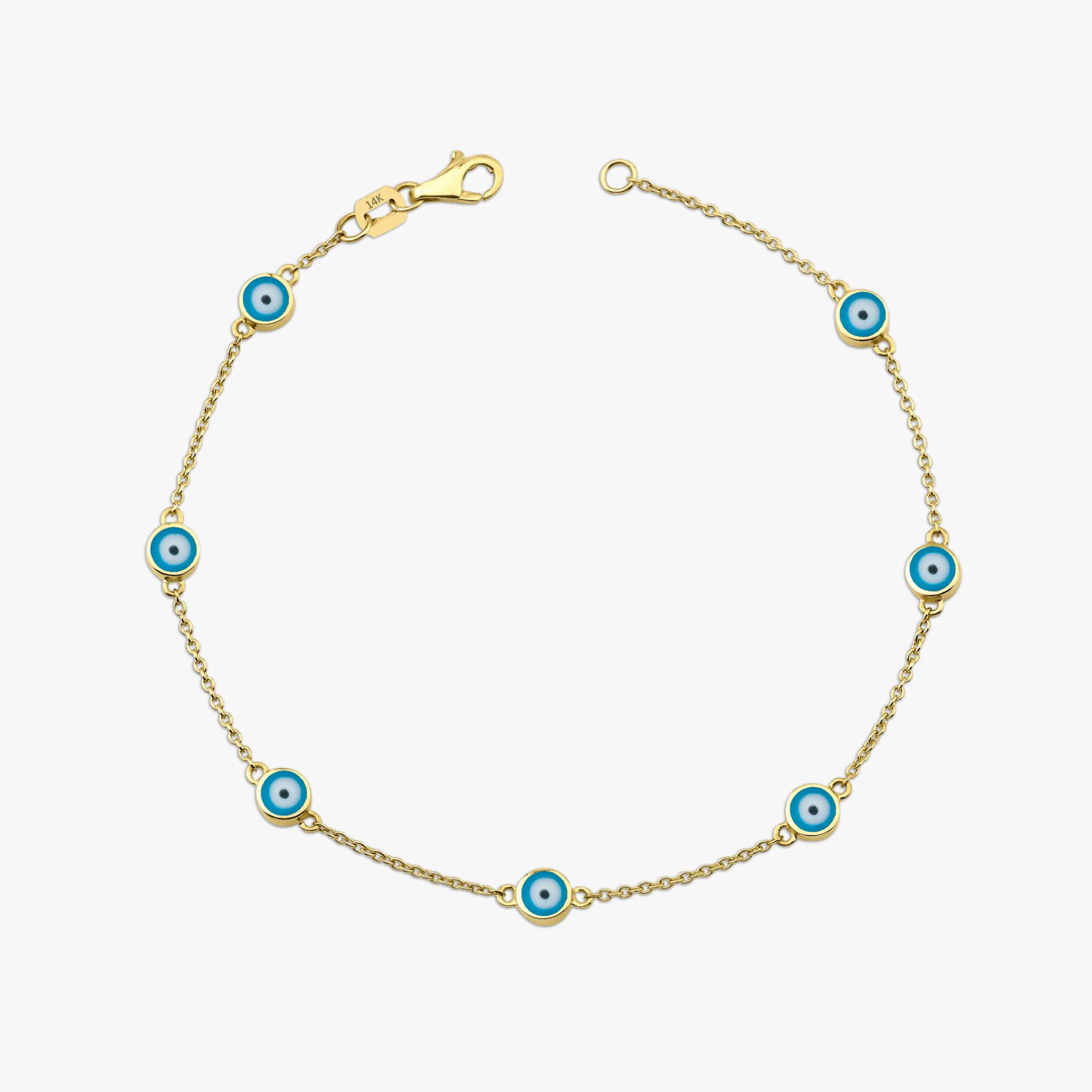 14k yellow gold ocean blue evil eye bracelet with 7 evil eyes shown on a white background