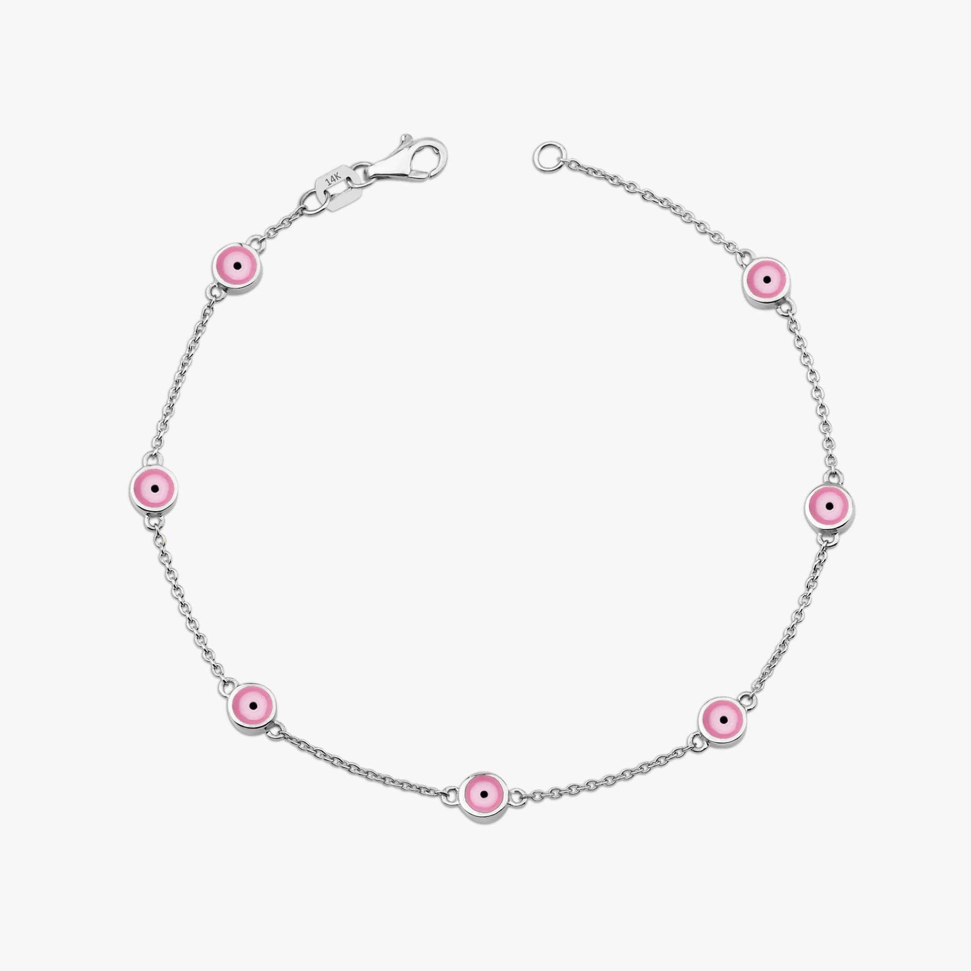 14k white gold 7 pink evil eye bracelet shown on a white background