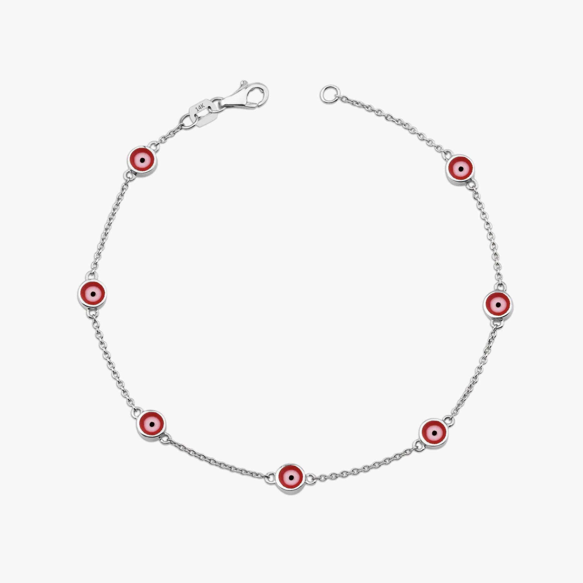 14k white gold red evil eye bracelet with 7 evil eyes shown on a white background