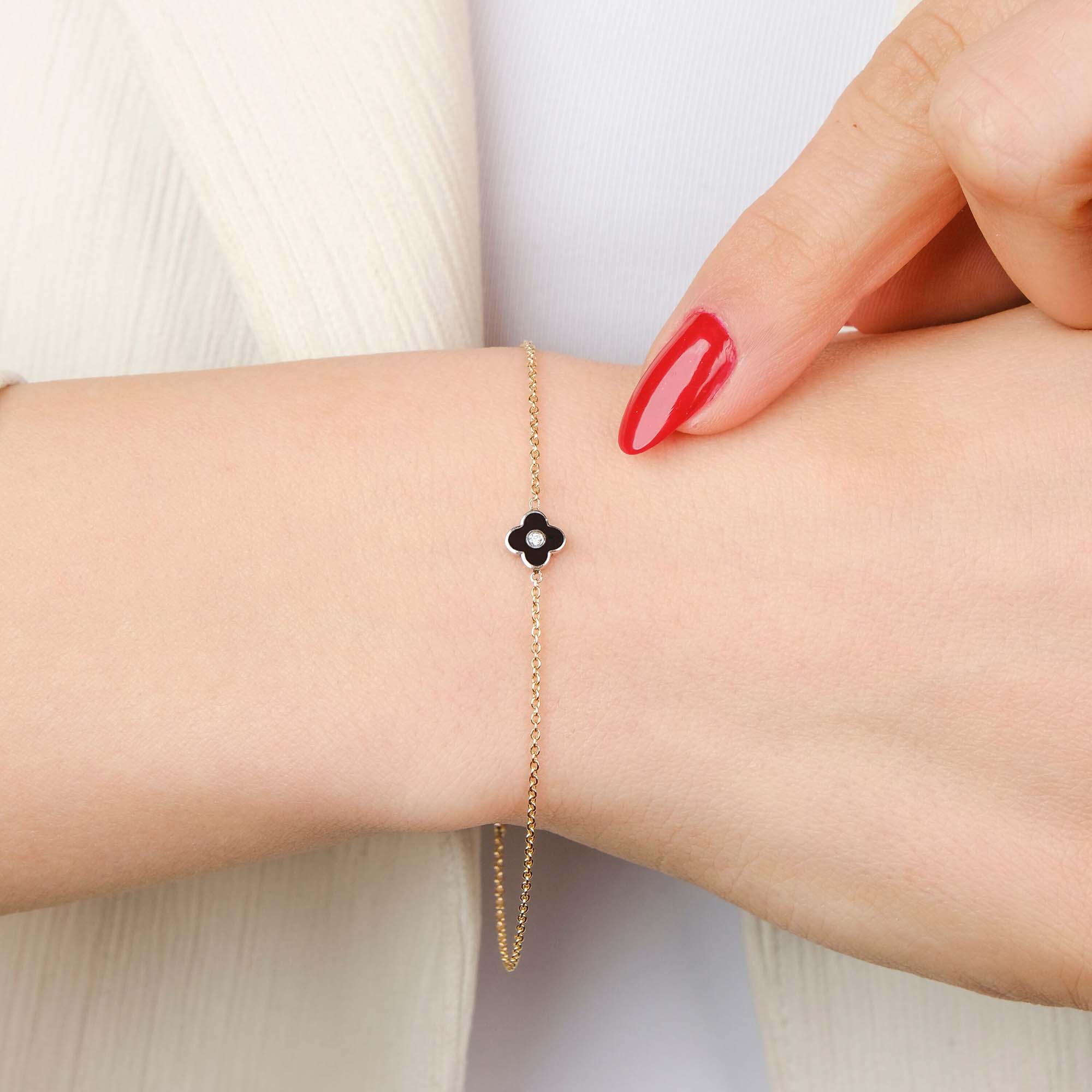 Mini Diamond Inlaid Black Clover Bracelet in 14K Gold
