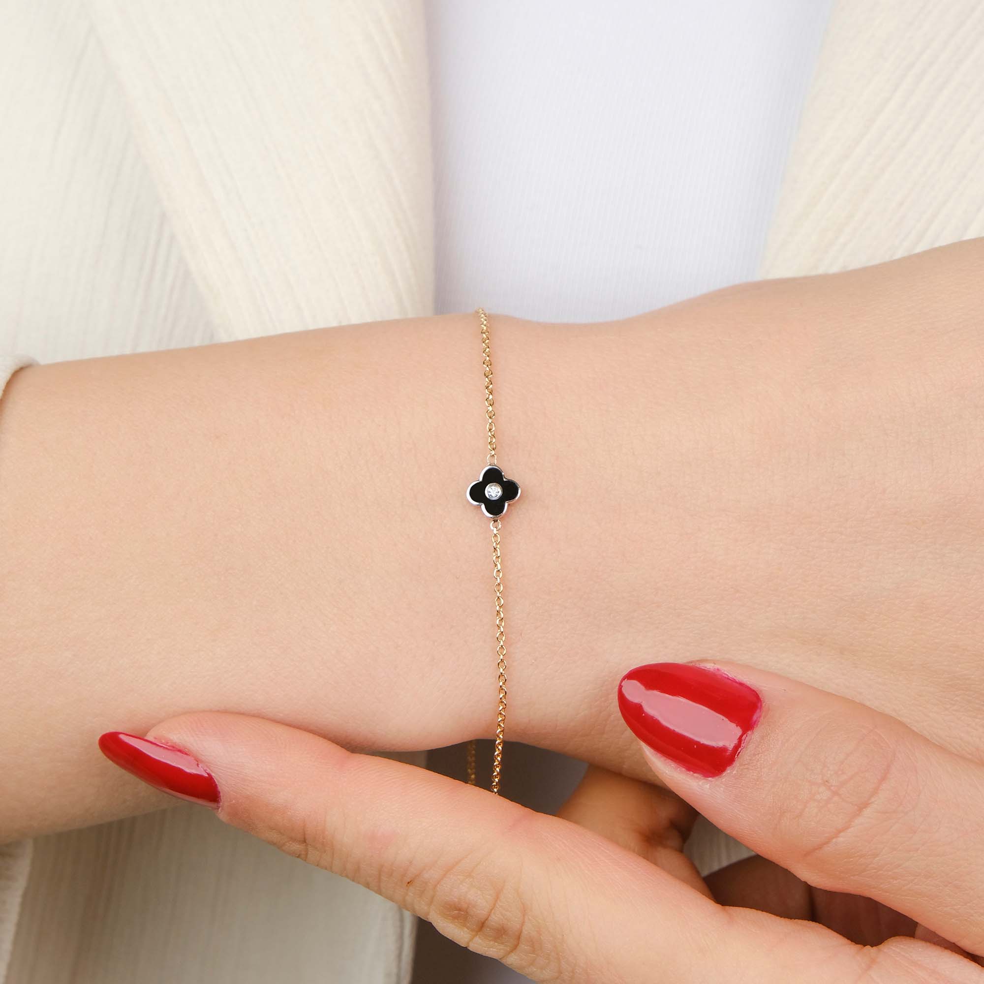 Mini Diamond Inlaid Black Clover Bracelet in 14K Gold