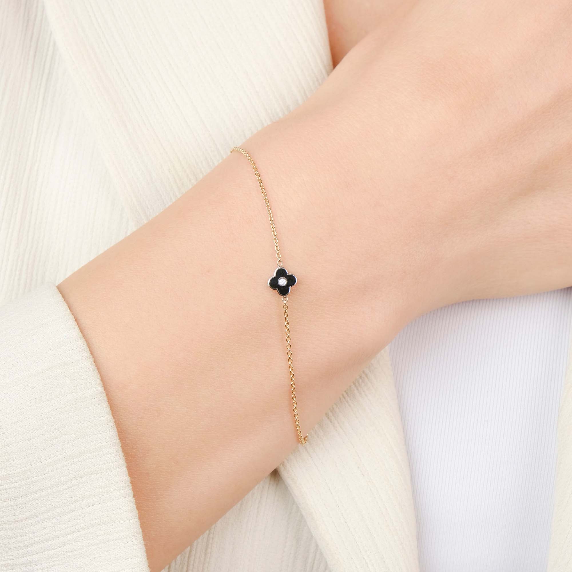 Mini Diamond Inlaid Black Clover Bracelet in 14K Gold