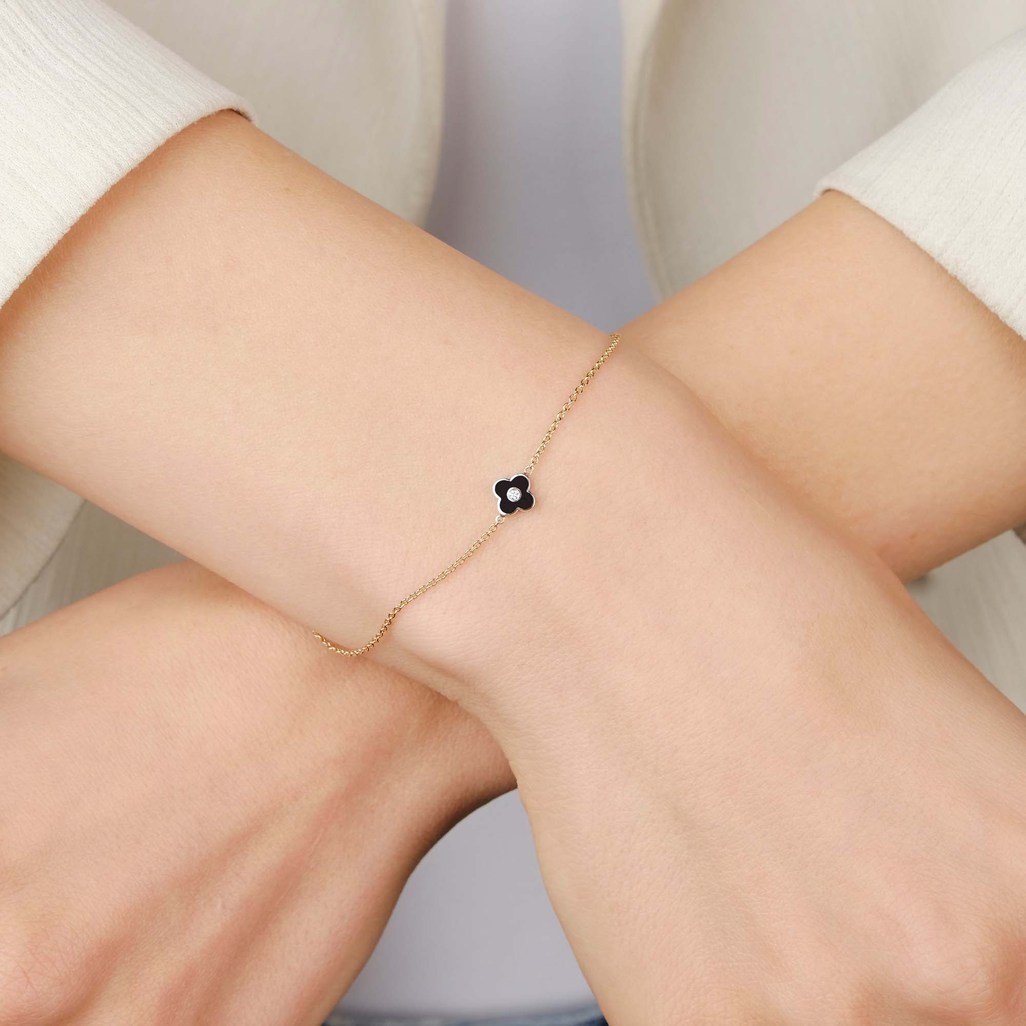 Mini Diamond Inlaid Black Clover Bracelet in 14K Gold