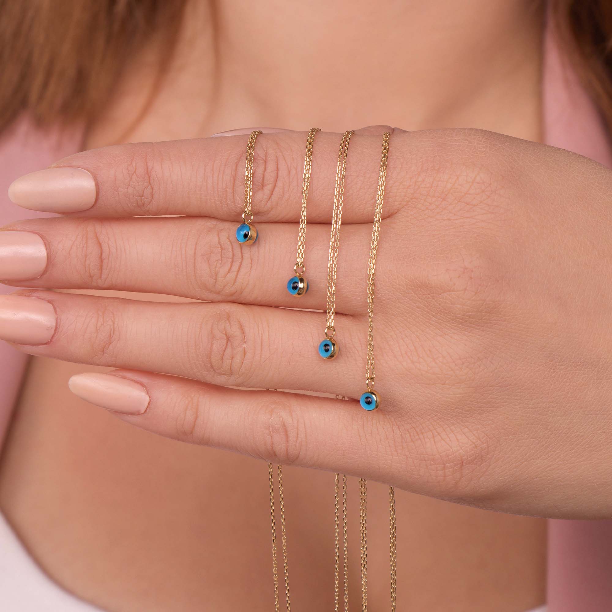 Minimal Chubby Blue Evil Eye Necklace in 14K Gold