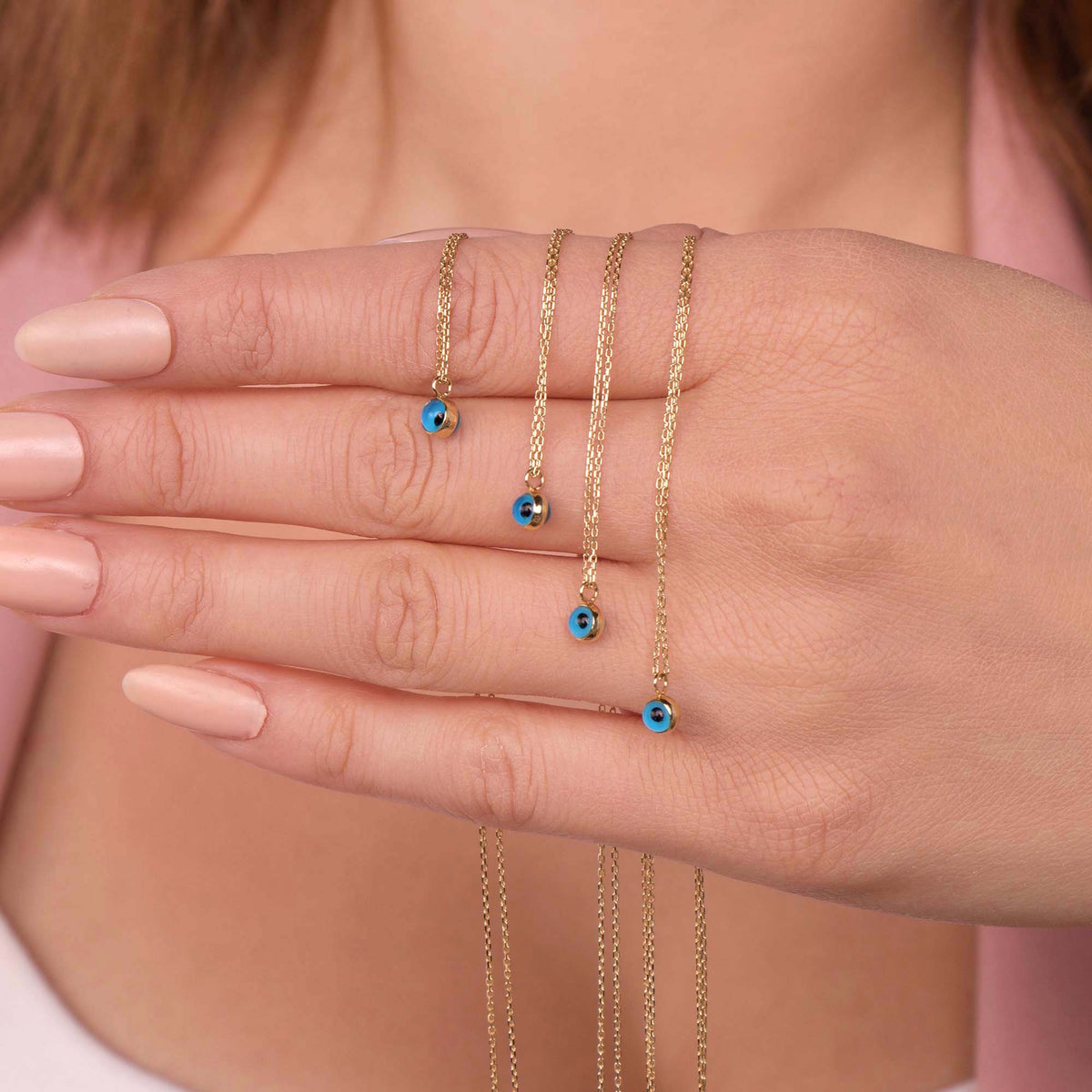 Minimal Chubby Blue Evil Eye Necklace in 14K Gold