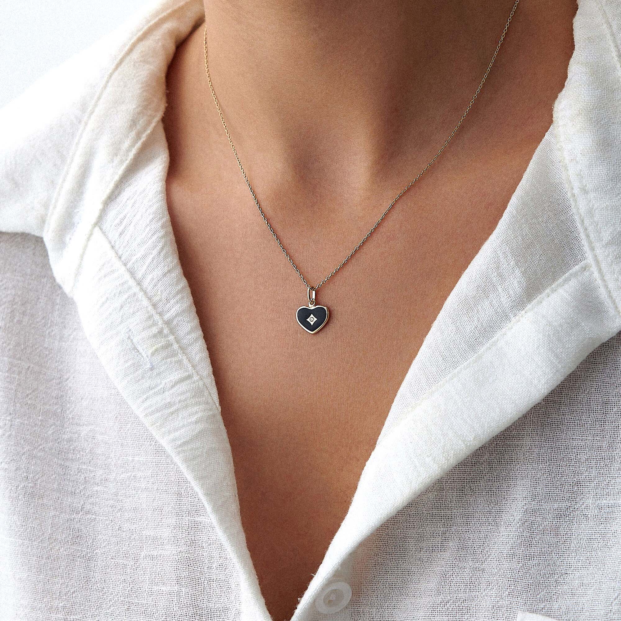 Mini Diamond Black Heart Necklace in 14K Gold