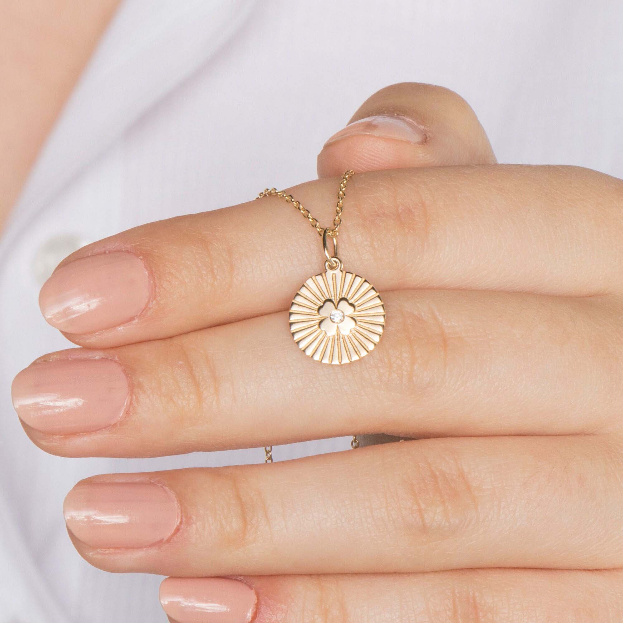 Mini Diamond Clover Coin Pendant in 14K Gold