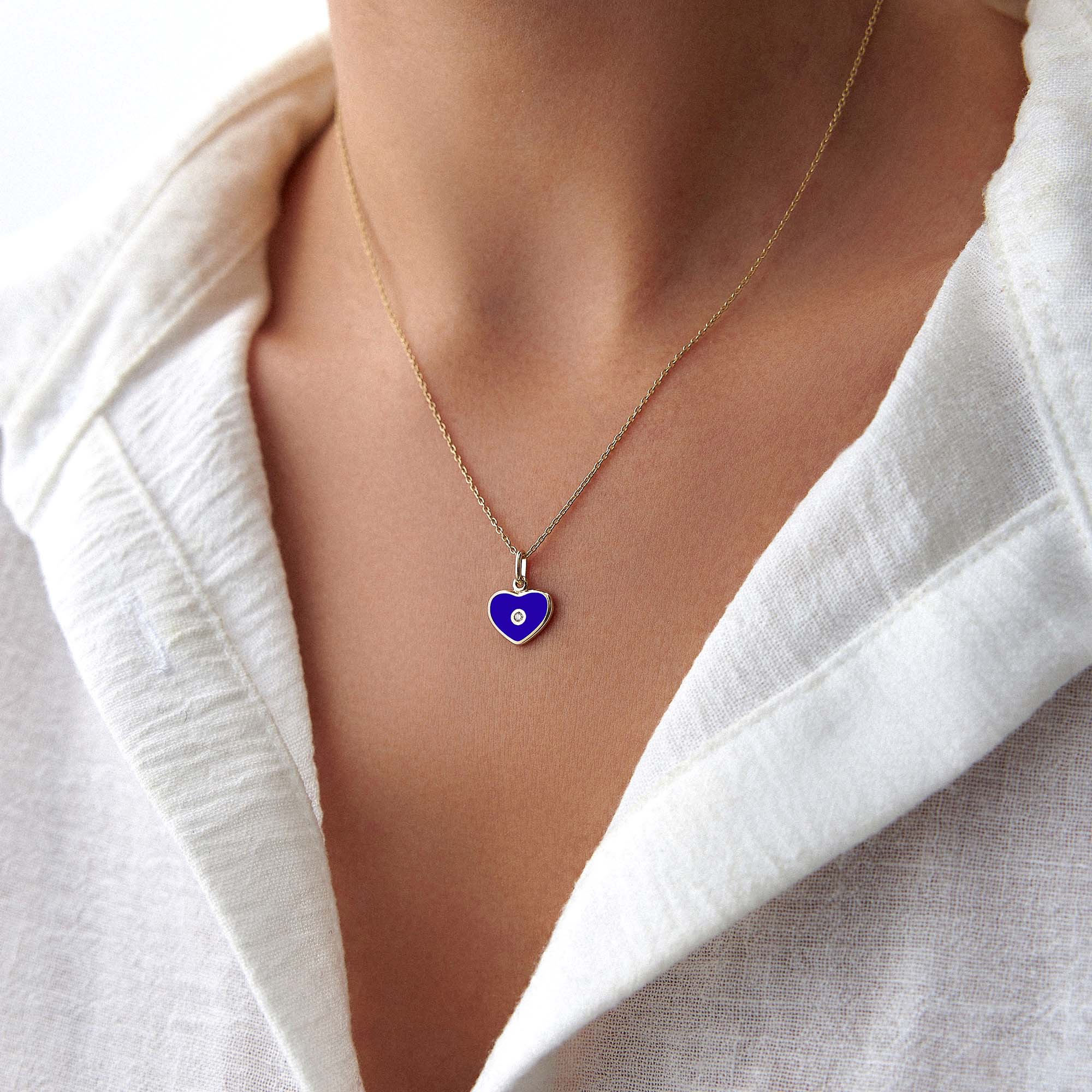 Mini Inlaid Diamond Navy Blue Heart Pendant in 14K Gold