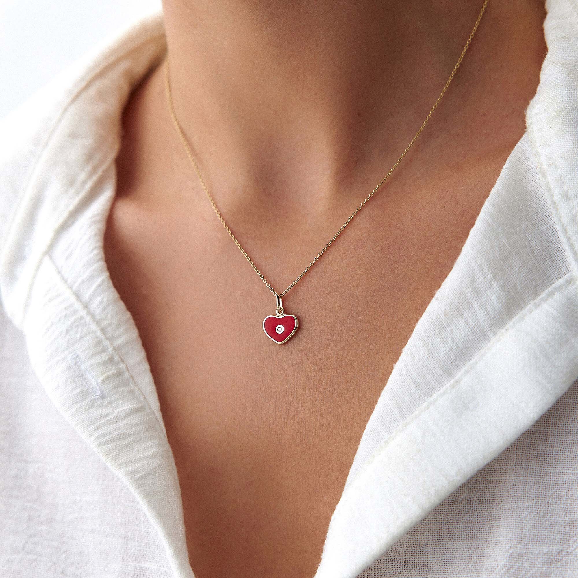Mini Inlaid Diamond Red Heart Pendant in 14K Gold