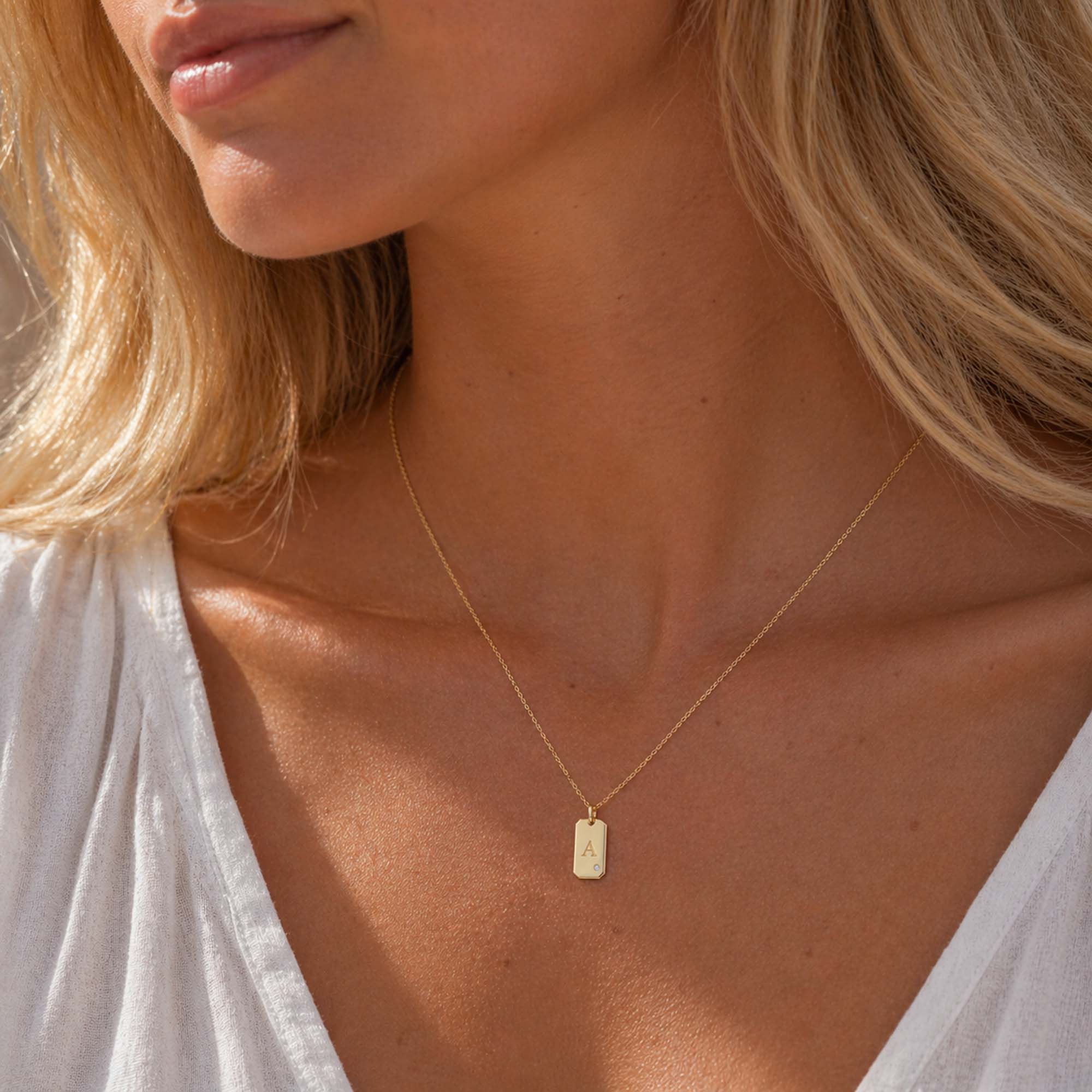 Mini Birthstone Initial Tag Pendant in 14K Gold