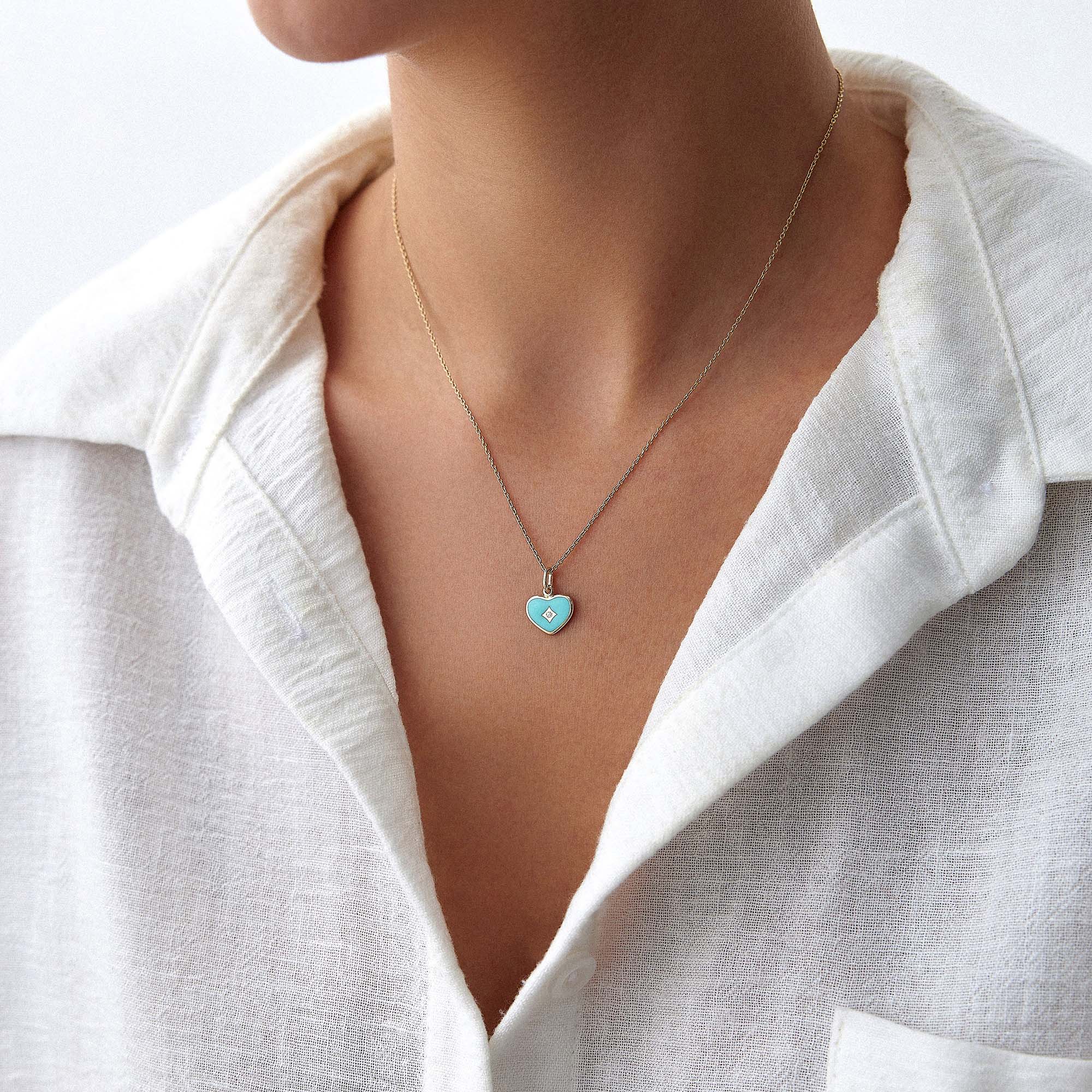 Mini Diamond Turquoise Heart Pendant in 14K Gold