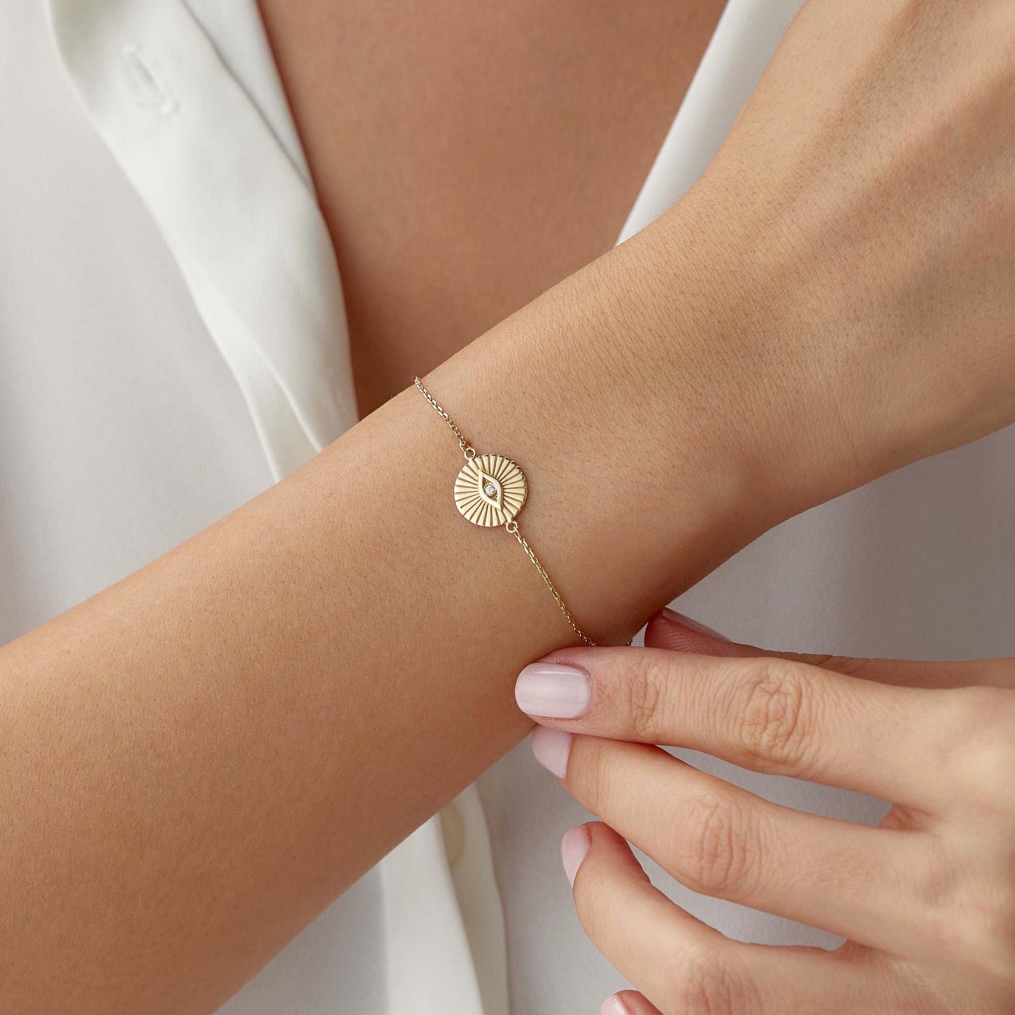 Mini Diamond Evil Eye Coin Bracelet in 14K Gold