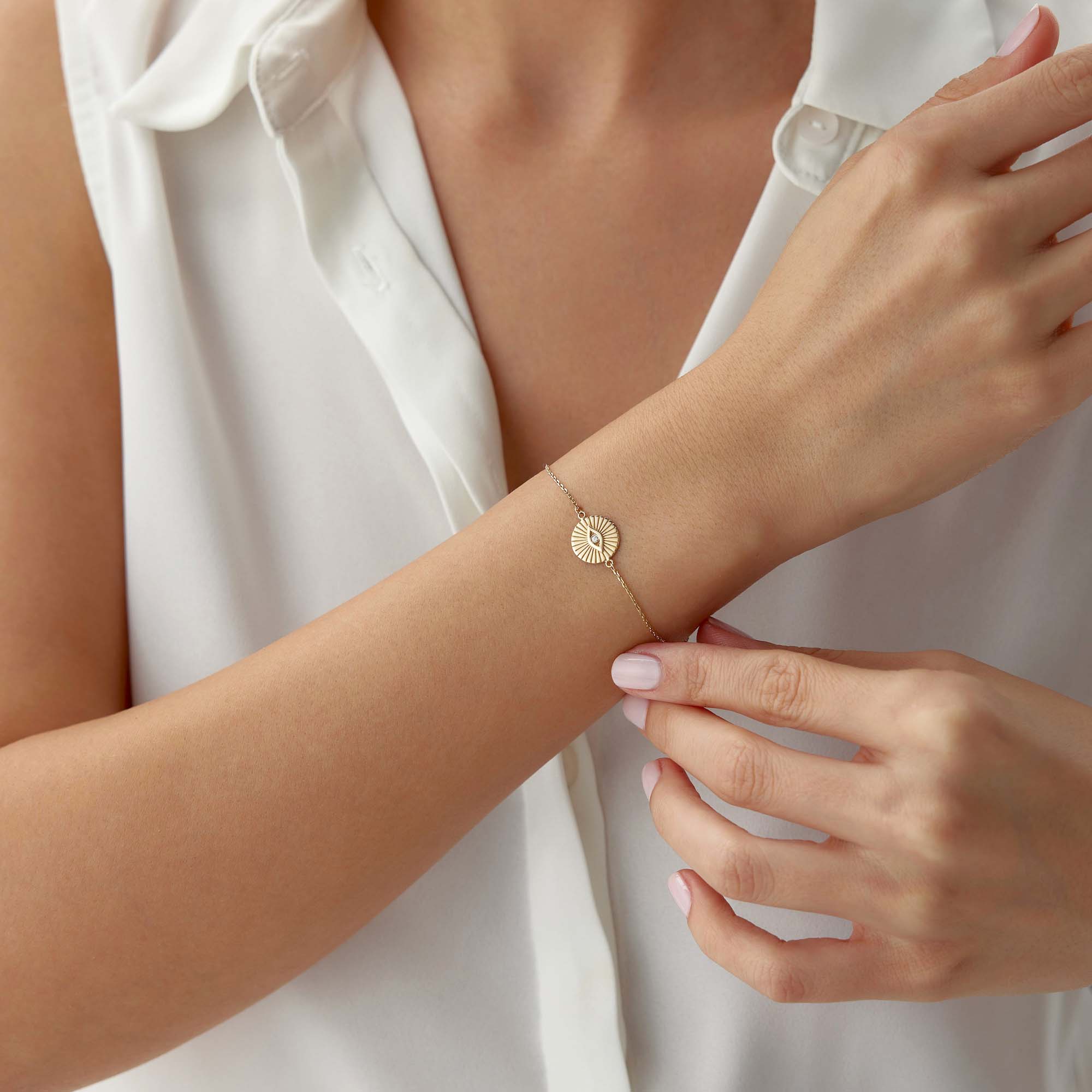 Mini Diamond Evil Eye Coin Bracelet in 14K Gold