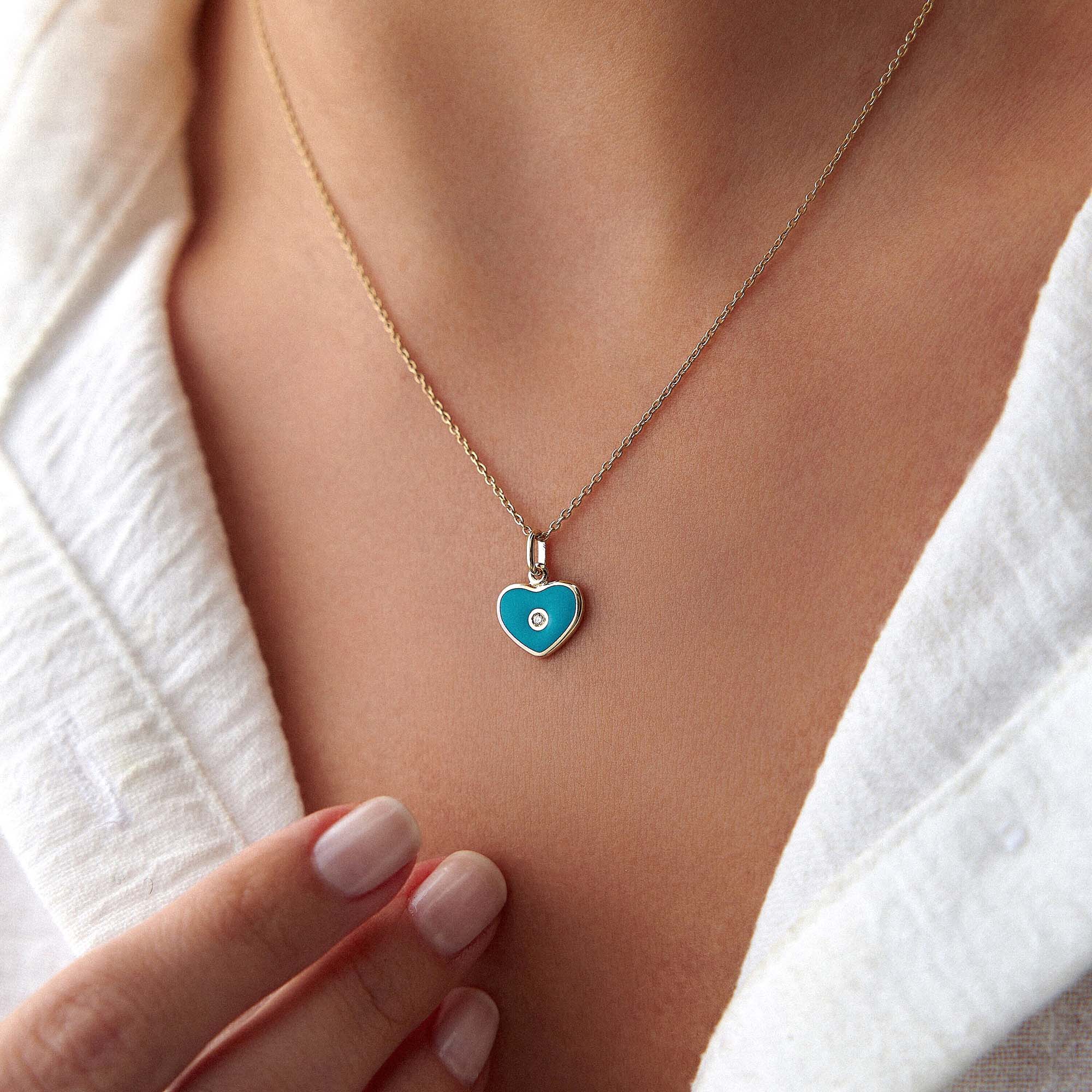Mini Inlaid Diamond Ocean Blue Heart Pendant in 14K Gold