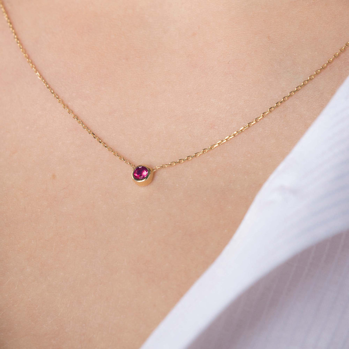 Mini Lab Ruby Solitaire Necklace in 14K Gold