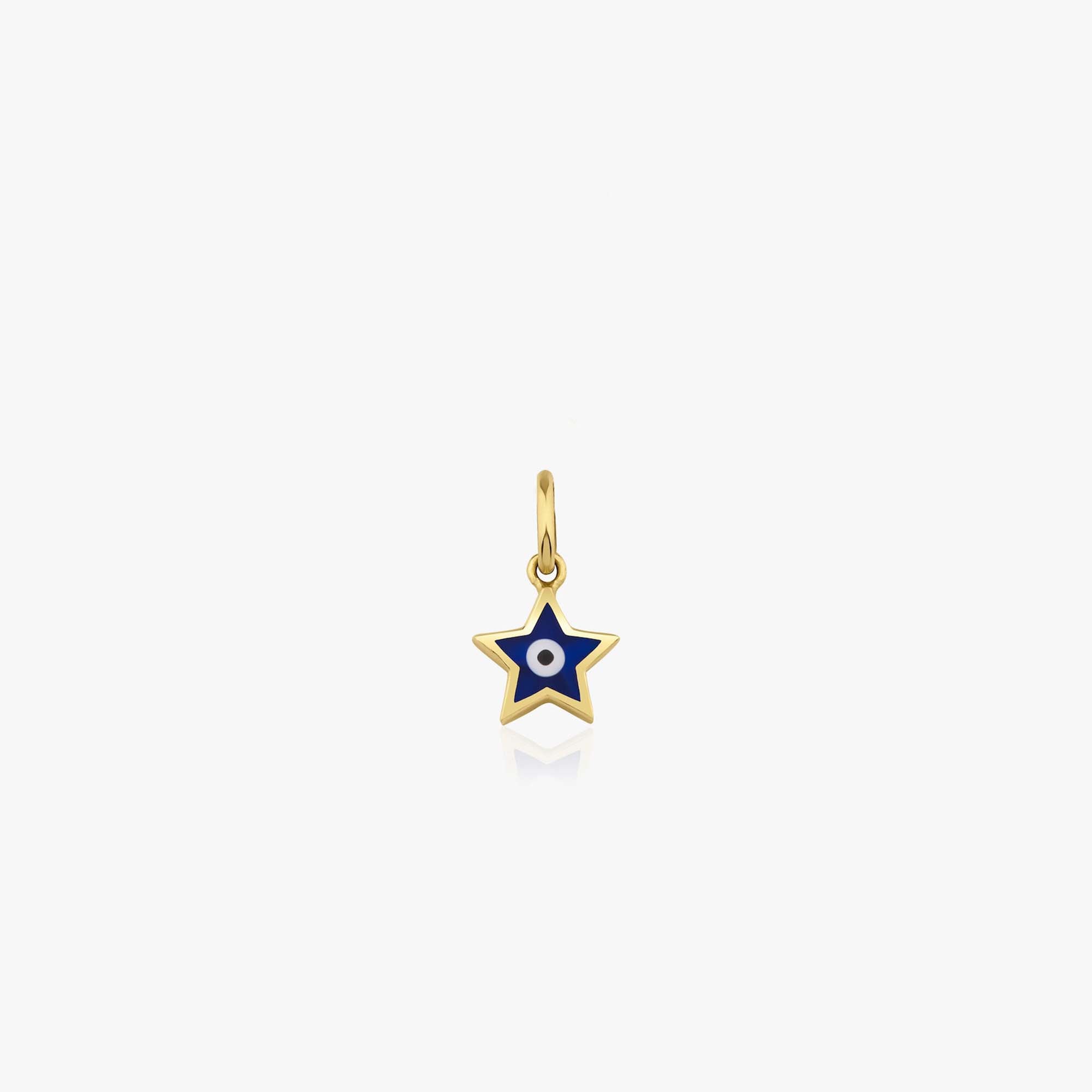 A tiny 14k yellow gold star pendant with an evil eye center is shown on a white background