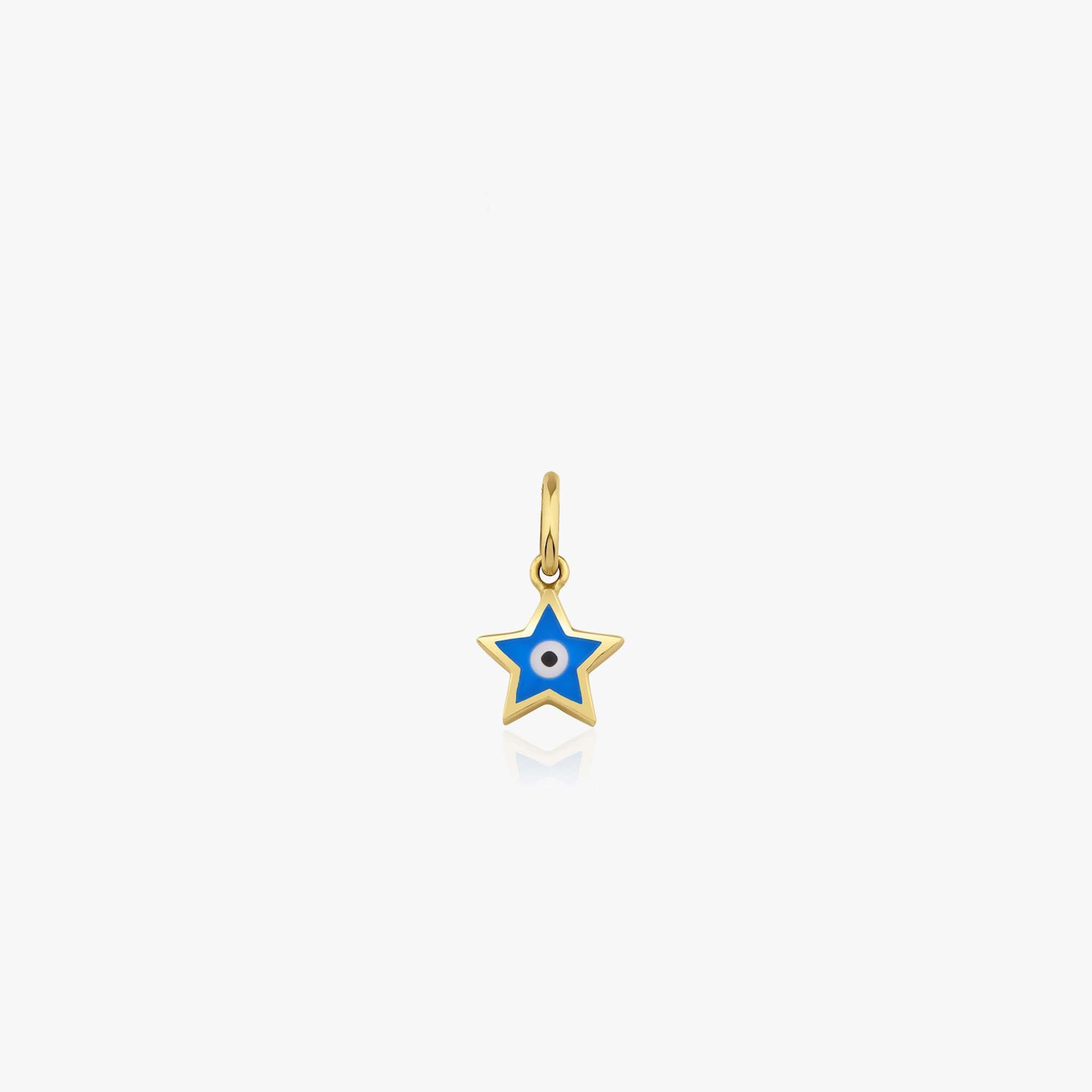 A tiny 14k yellow gold star pendant with an evil eye center shown on a white background