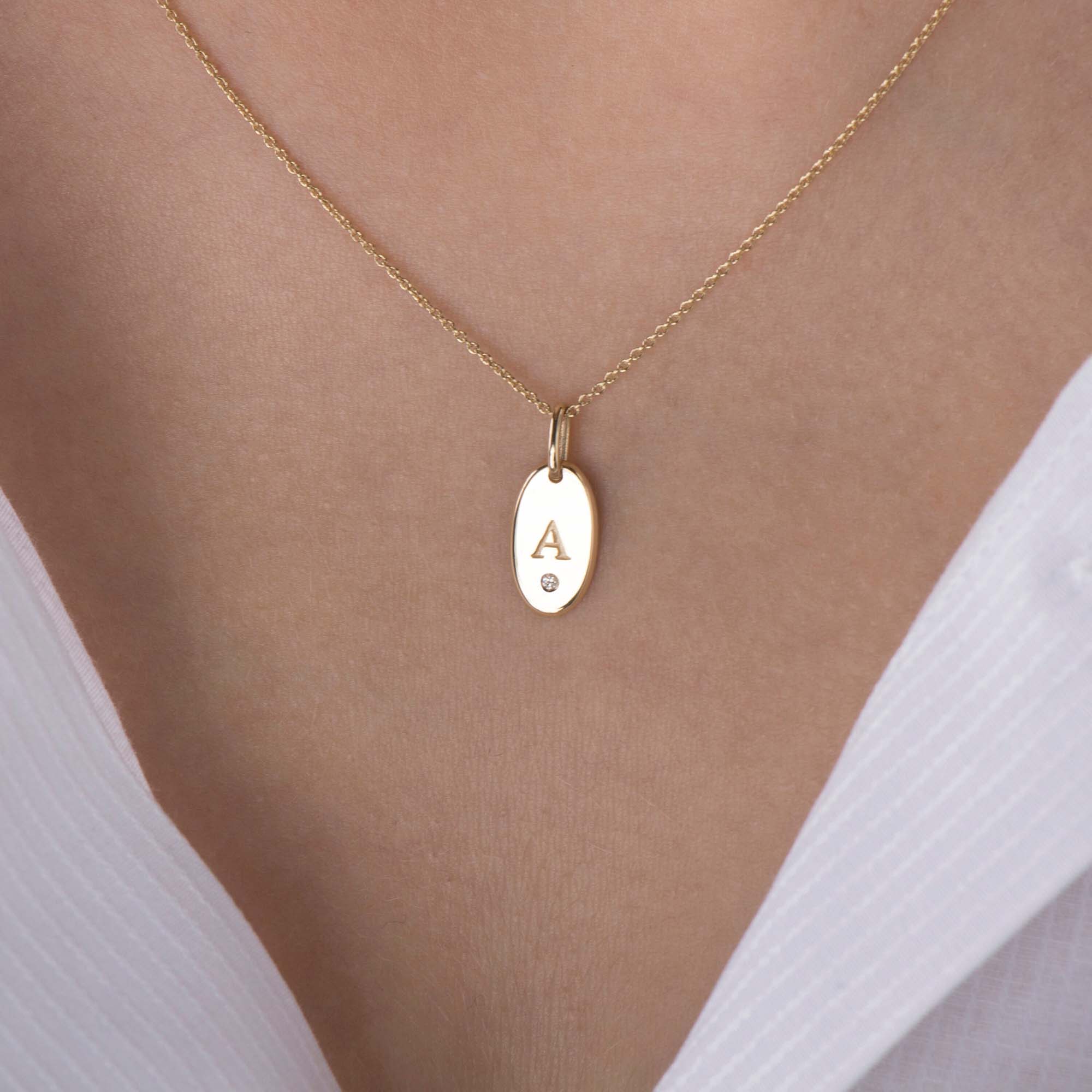 Mini Birthstone Initial Oval Disc Pendant in 14K Gold
