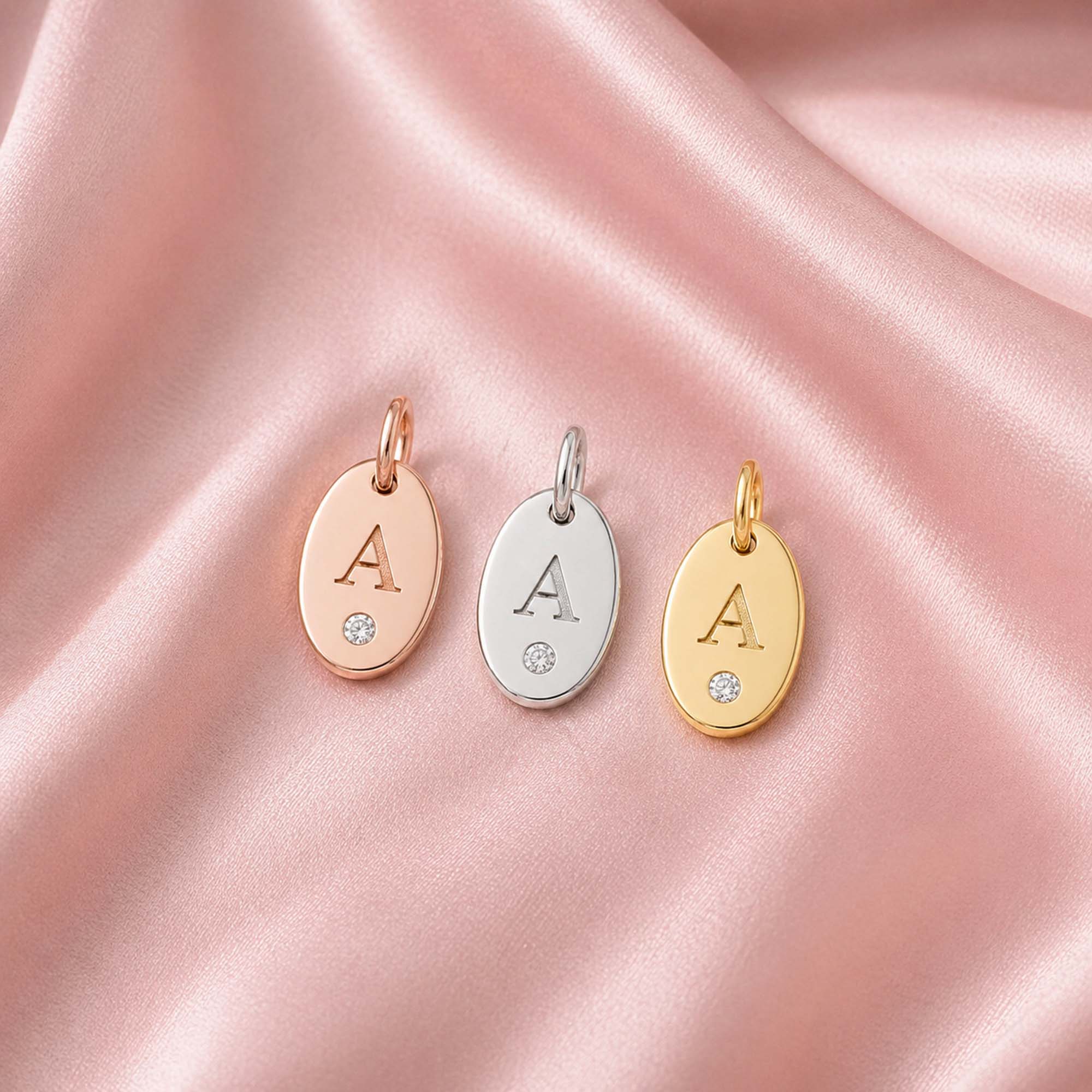 Mini Birthstone Initial Oval Disc Pendant in 14K Gold