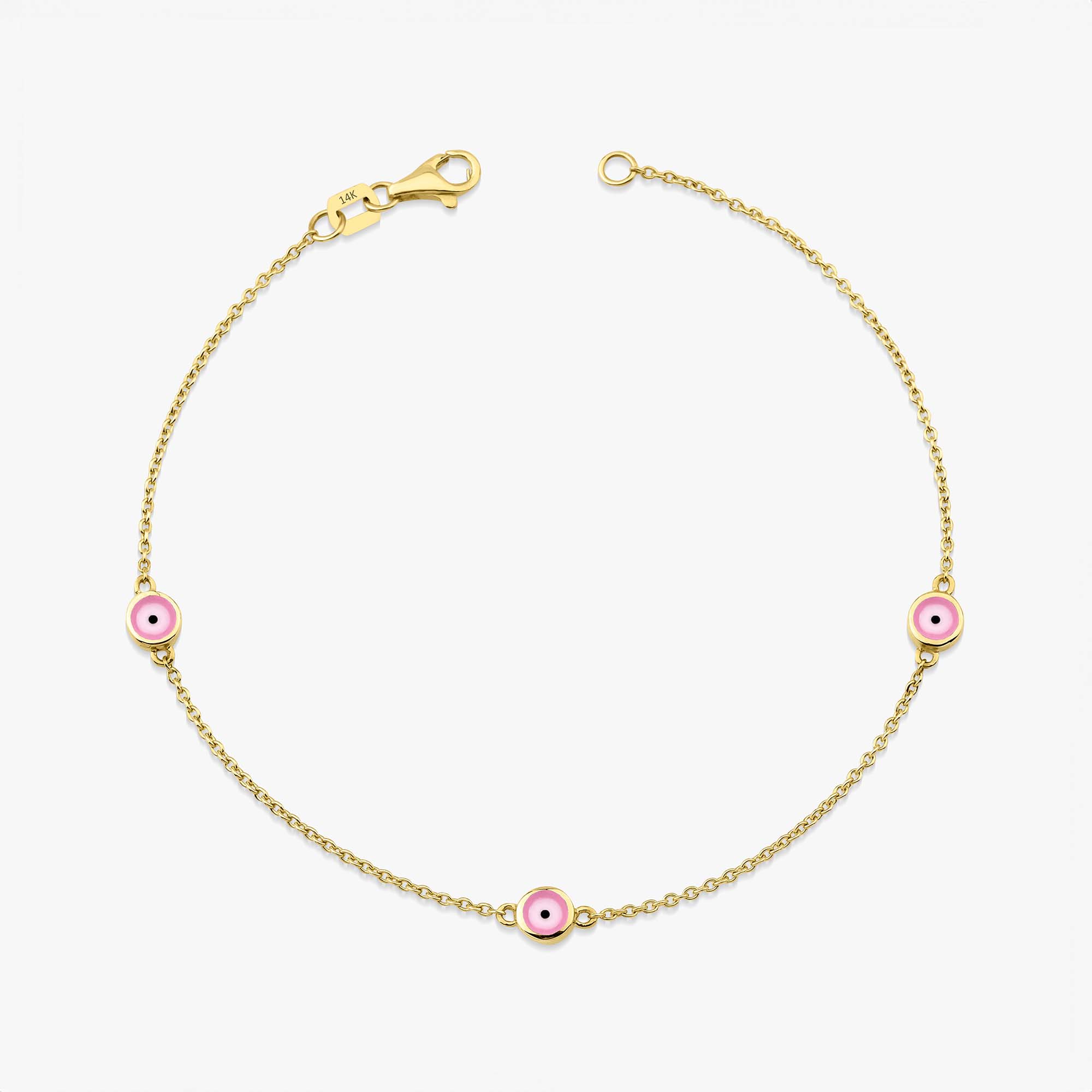 14 karat yellow gold three pink evil eye bracelet with lobster clasp on a white background