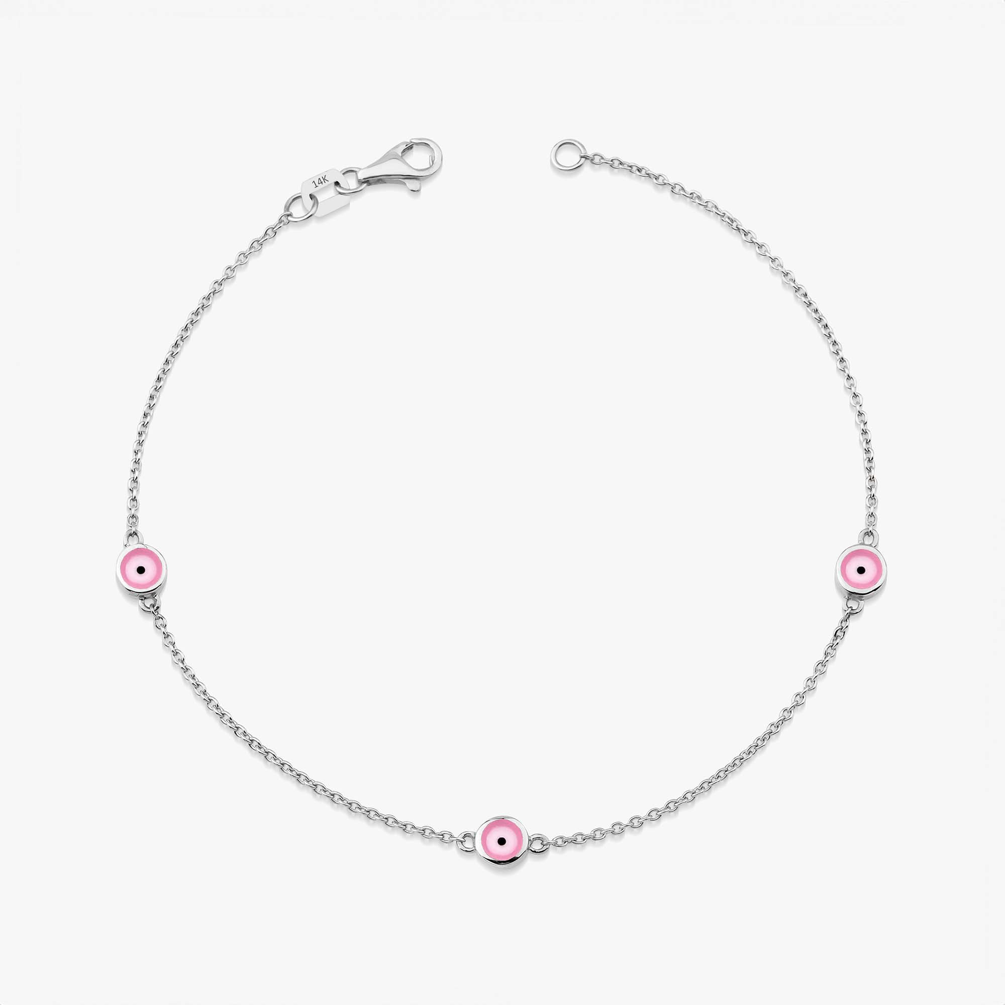 14 karat white gold three pink evil eye bracelet with lobster clasp on a white background