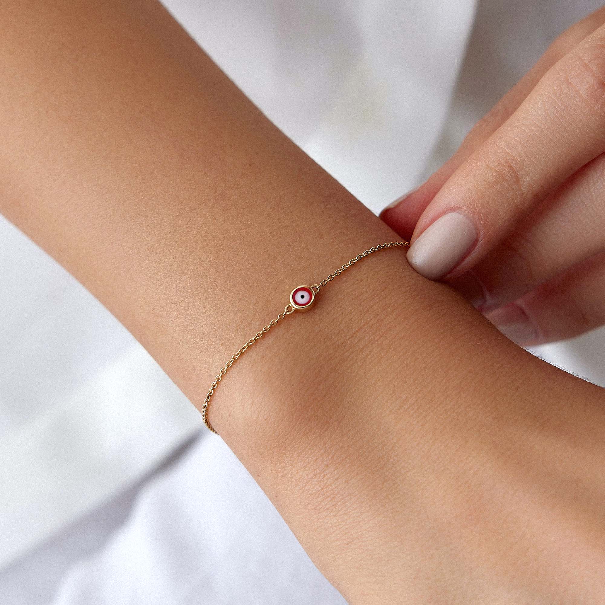 Mini Red Evil Eye Bracelet in 14K Gold