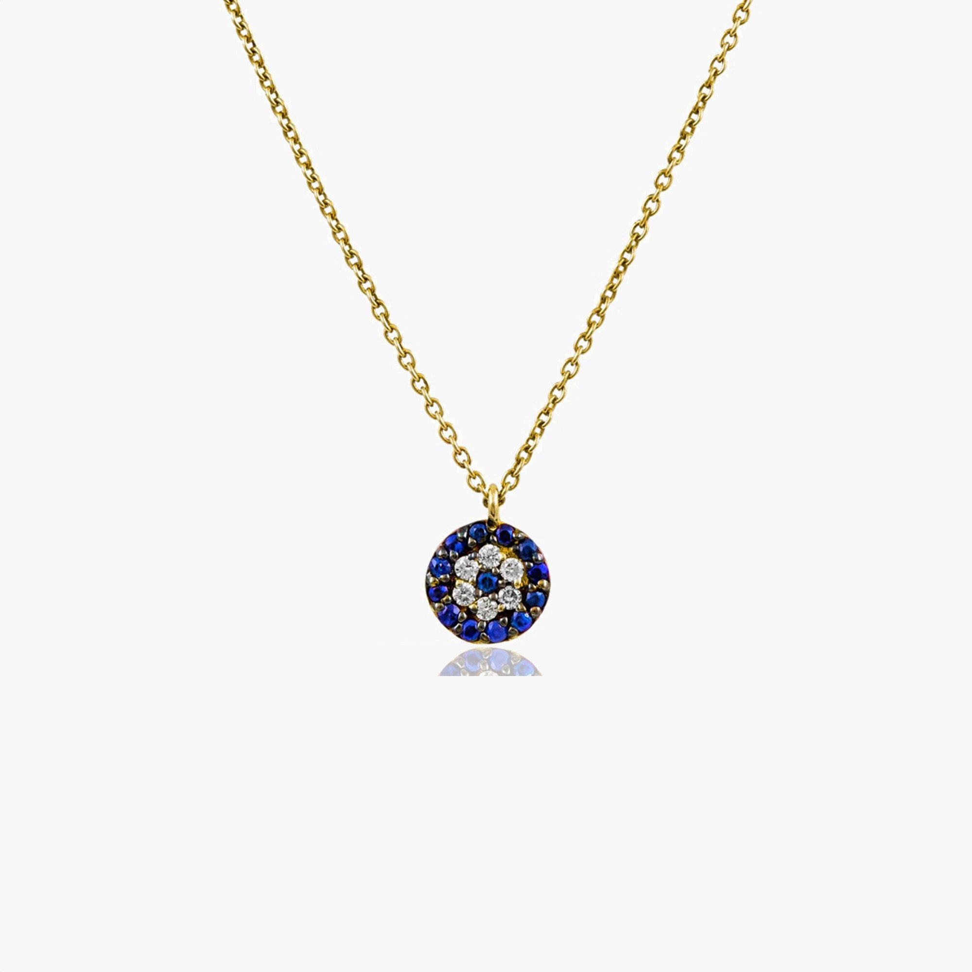 Mini Sapphire and Diamond Evil Eye Necklace in 14K Gold