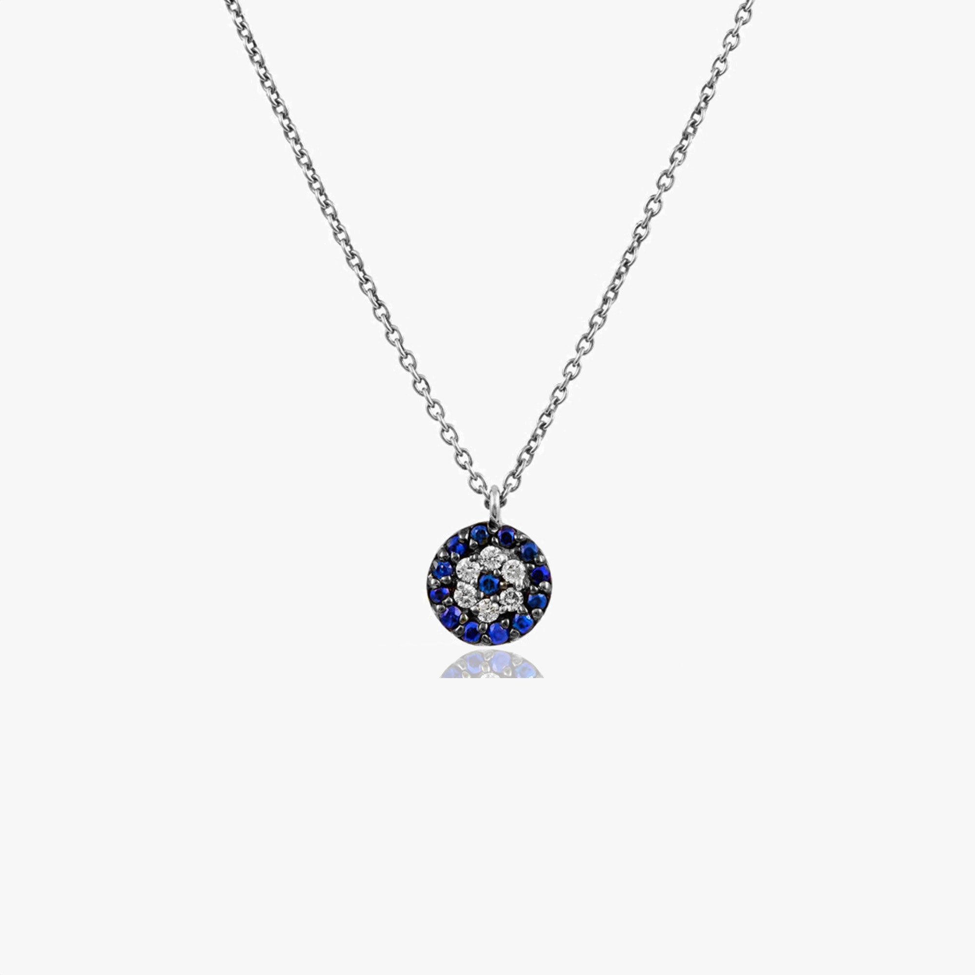 Mini Sapphire and Diamond Evil Eye Necklace in 14K Gold
