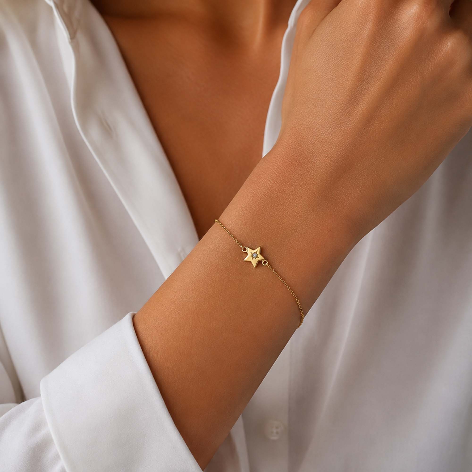 Mini Diamond Star Within a Star Bracelet in 14K Gold