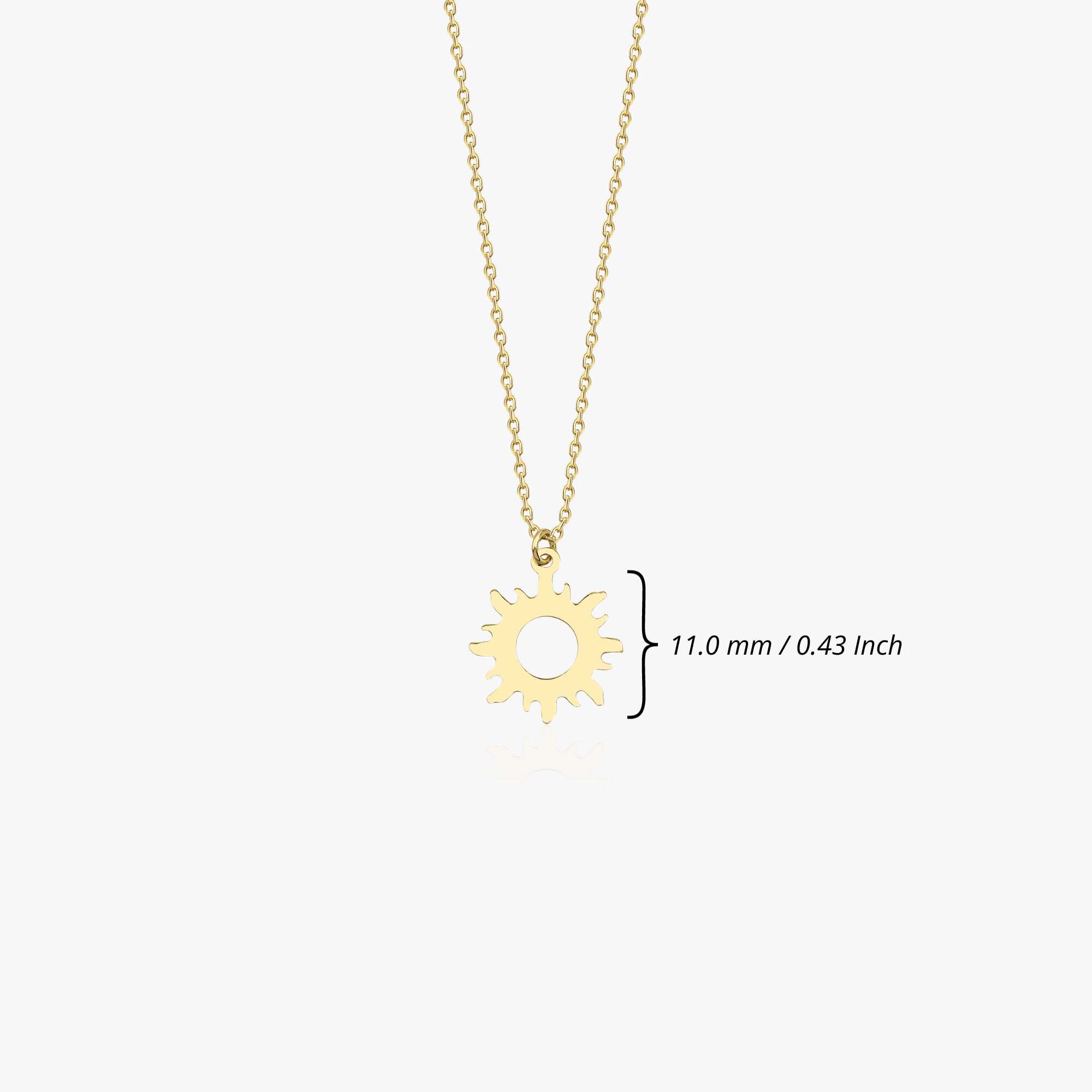A 14K gold necklace with a simple sun pendant design shown on a white background with measurements.