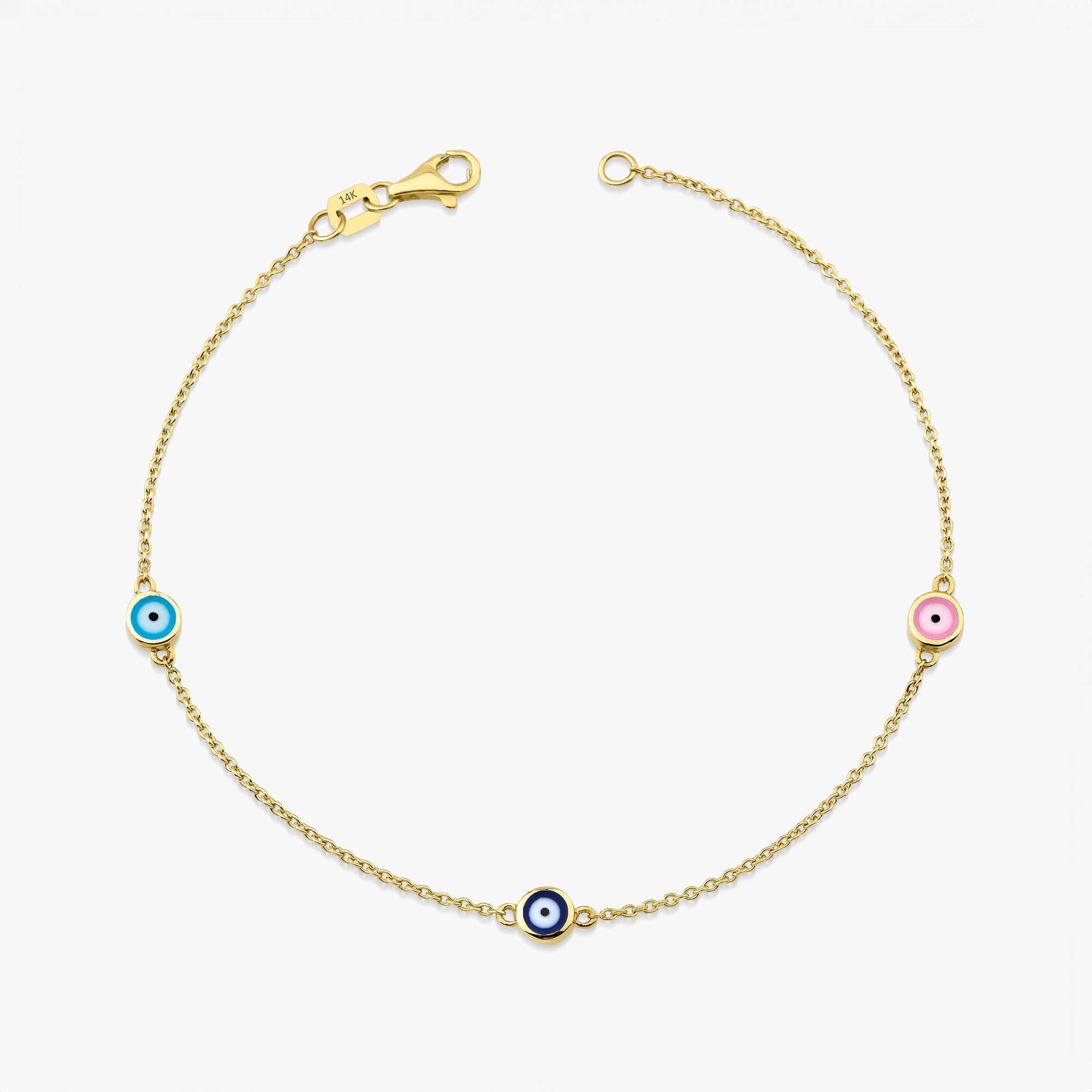14 karat yellow gold multicolor evil eye bracelet with three evil eyes on a white background