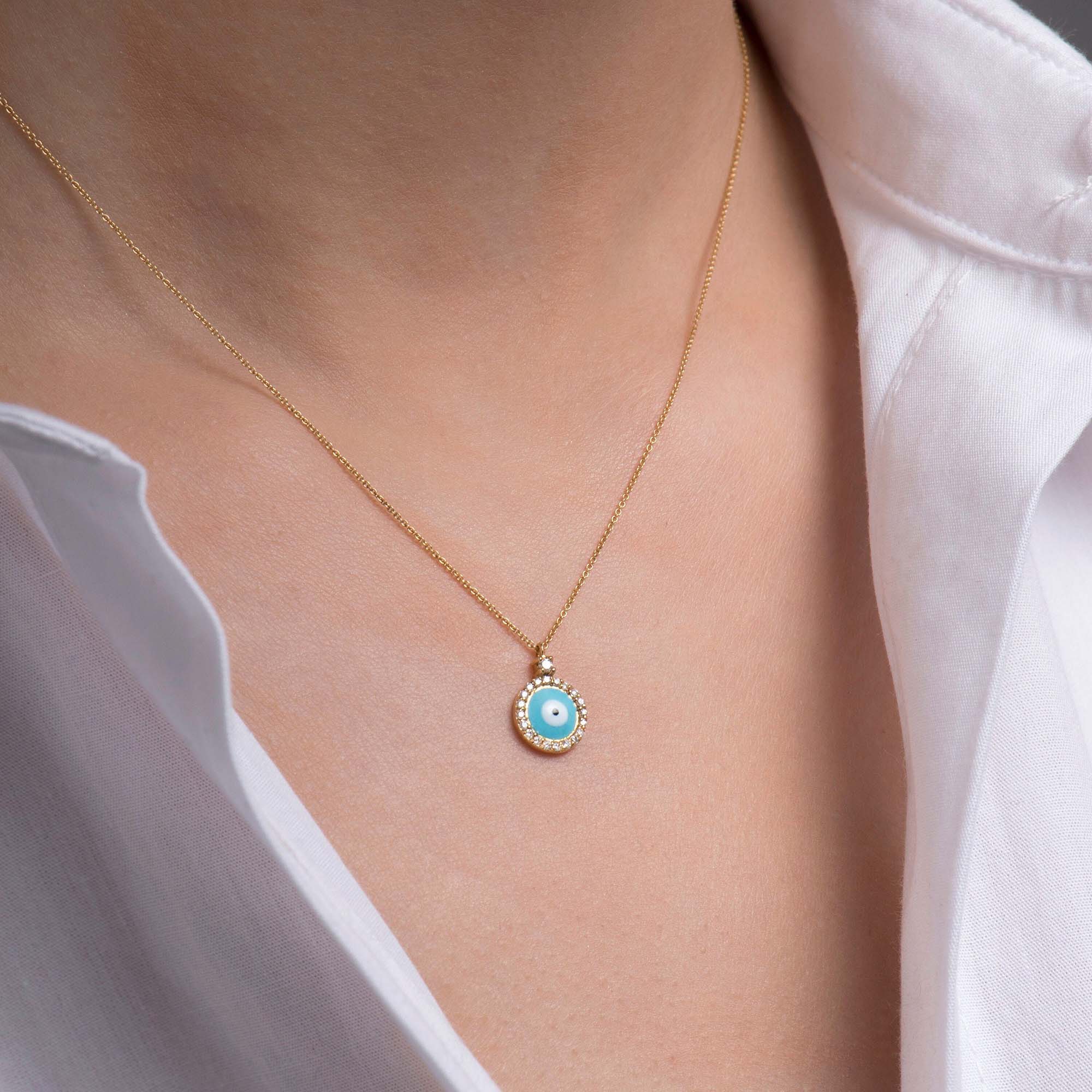 Itty Bitty Tiny Traditional Diamond Evil Eye Necklace in 18K Gold