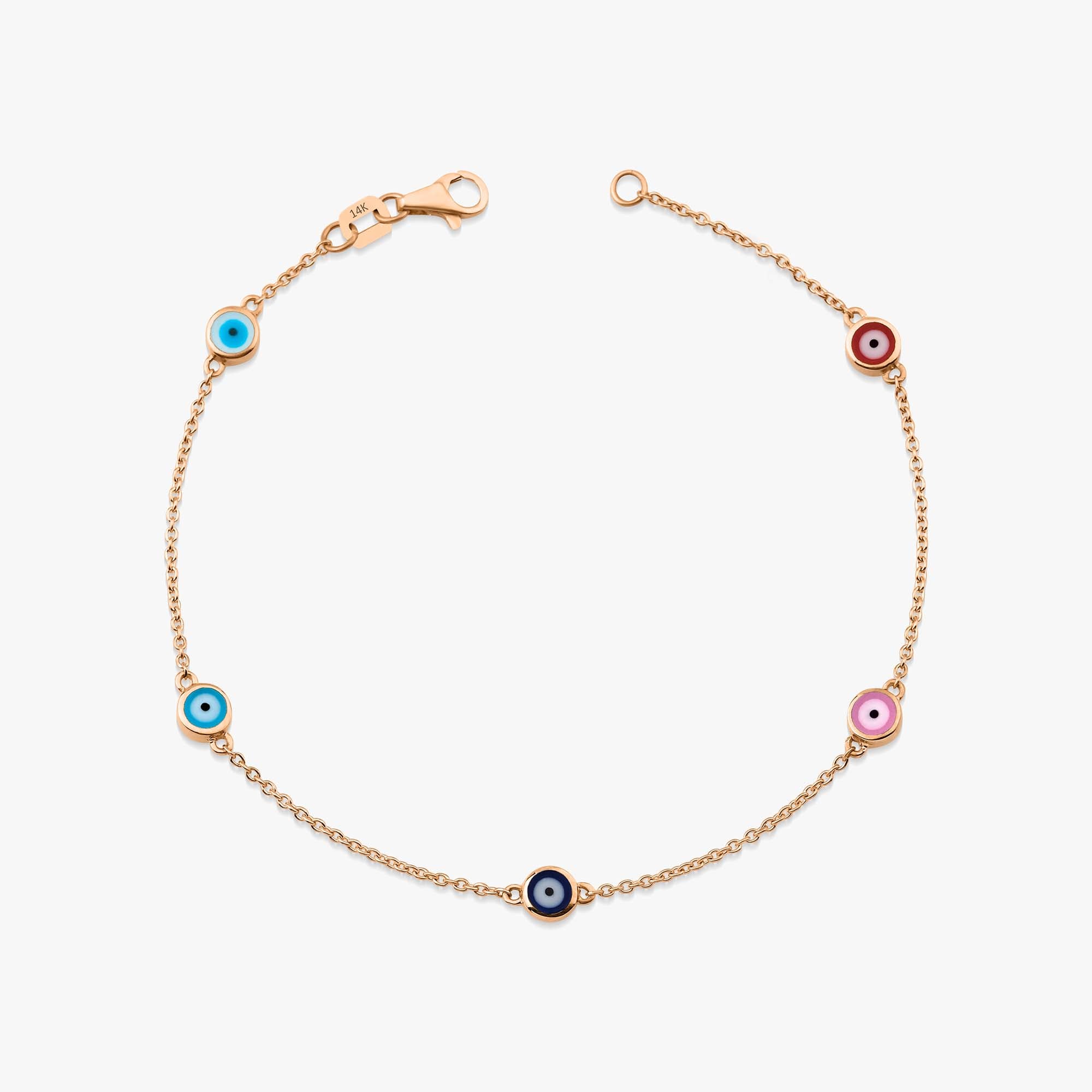 A 14K rose gold bracelet with five multicolored enamel evil eyes, featuring a chain design.