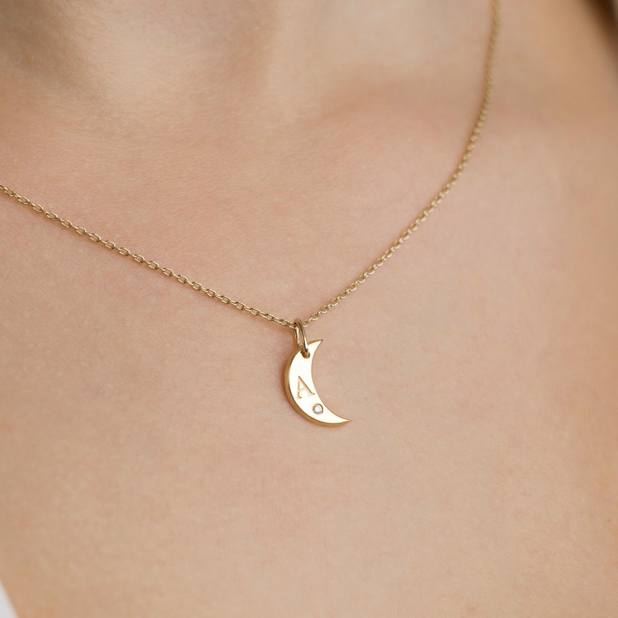 Minimal Crescent Birthstone Initial Necklace in 14K Gold