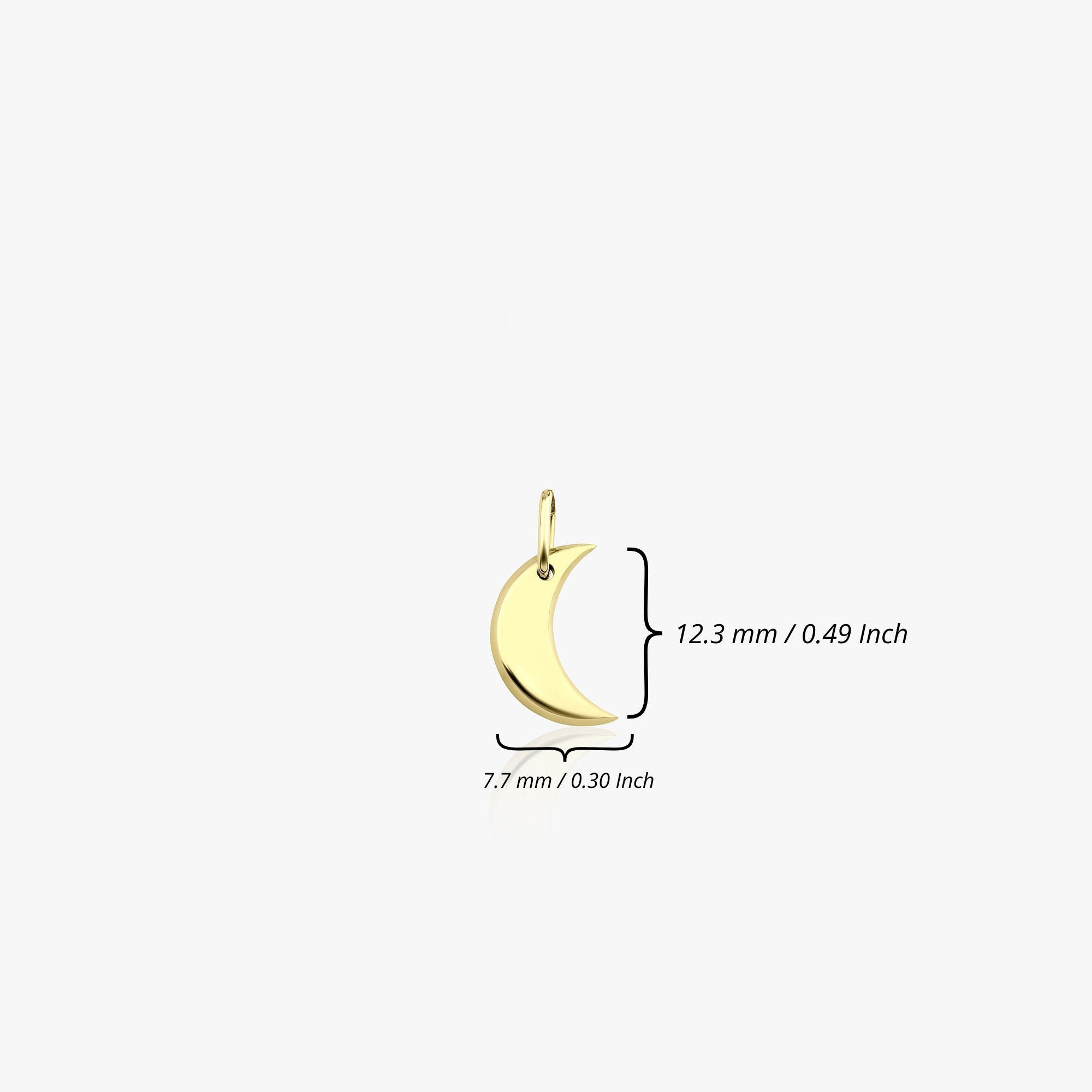 A minimal 14k yellow gold crescent pendant shown on a white background with measurements next to the pendant