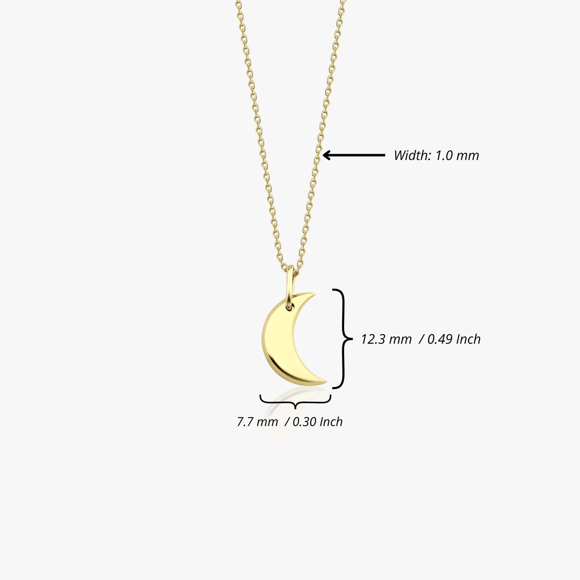 A minimal 14k yellow gold crescent moon necklace with measurements on a white background