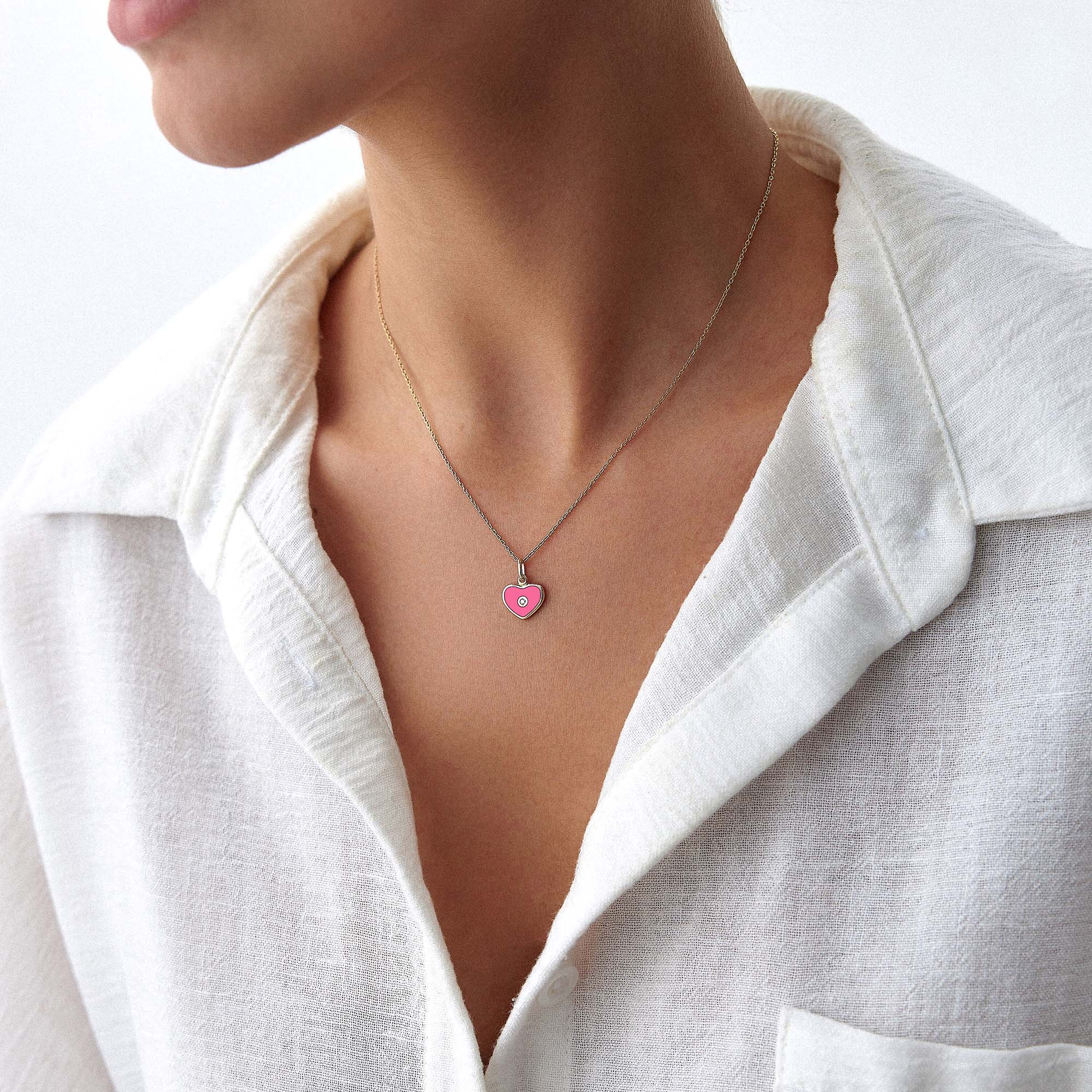 Mini Inlaid Diamond Pink Heart Pendant in 14K Gold