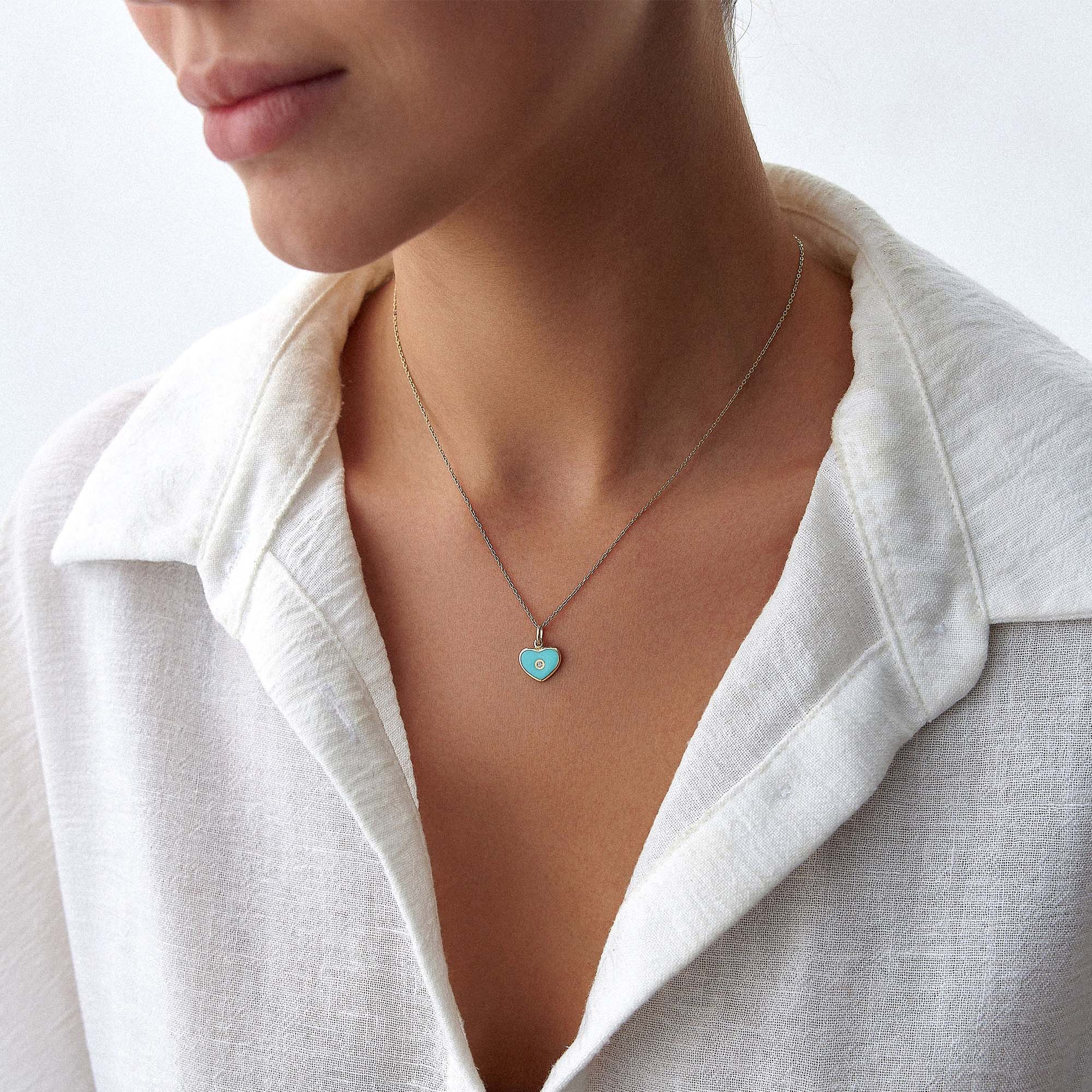 Mini Inlaid Diamond Turquoise Heart Pendant in 14K Gold