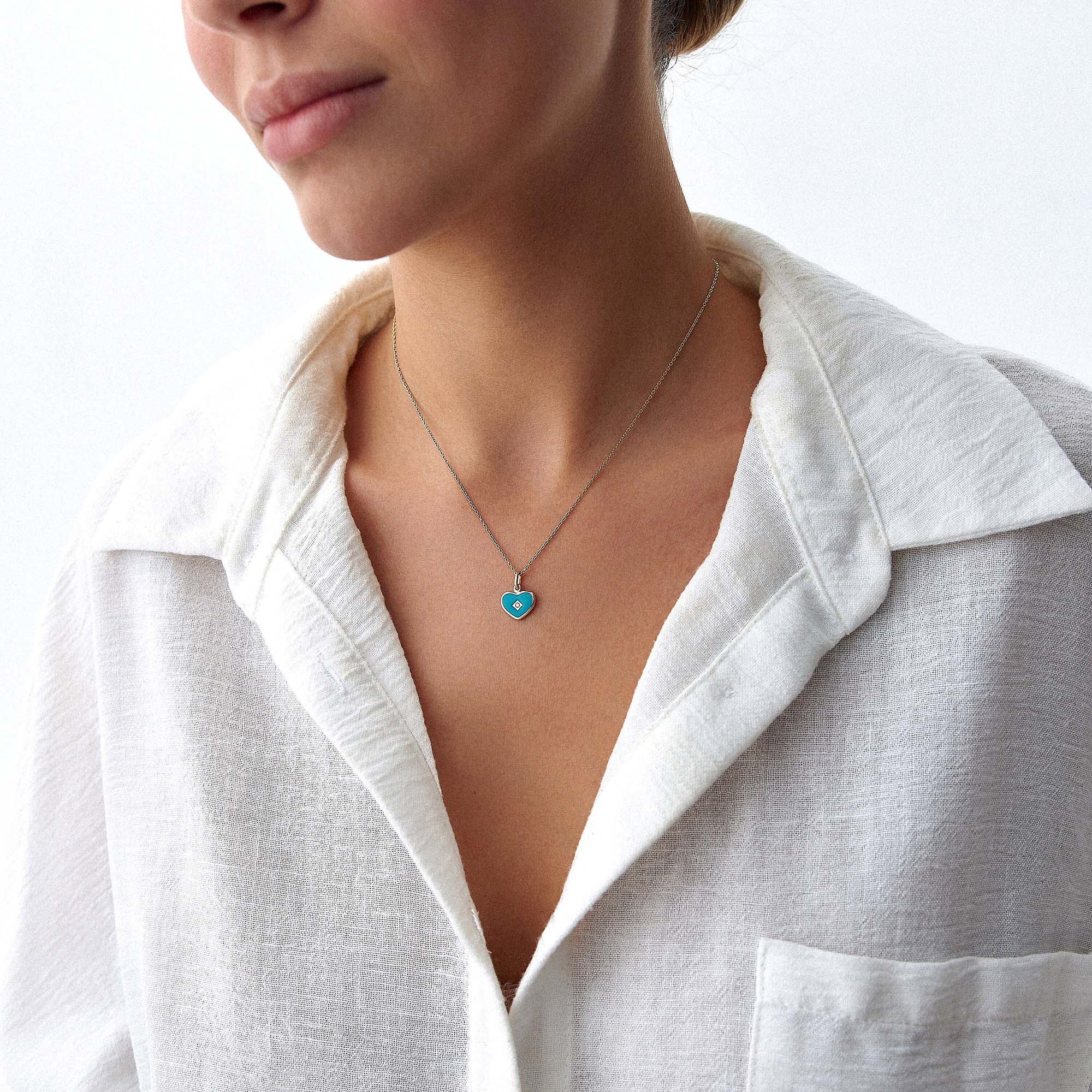 Mini Diamond Ocean Blue Heart Pendant in 14K Gold