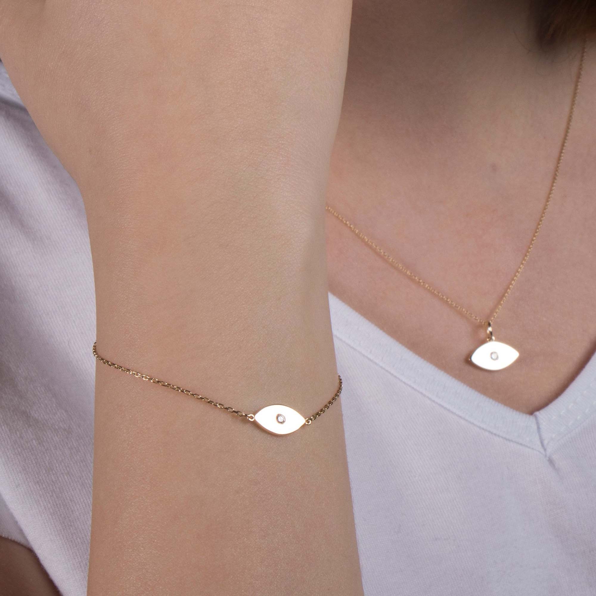 Mini Elongated Diamond Evil Eye Bracelet in 14K Gold