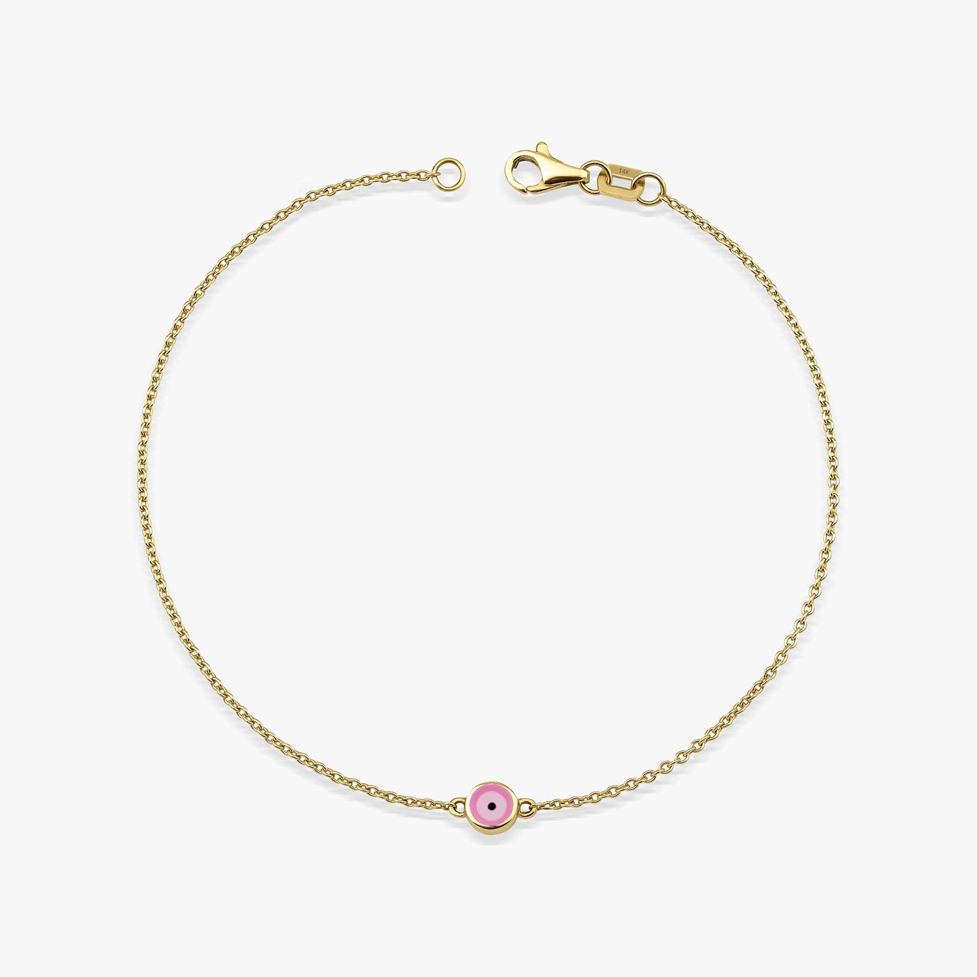 A 14K yellow gold bracelet with a double-sided pink enamel evil eye design, featuring a solid gold chain and a gold lobster clasp.