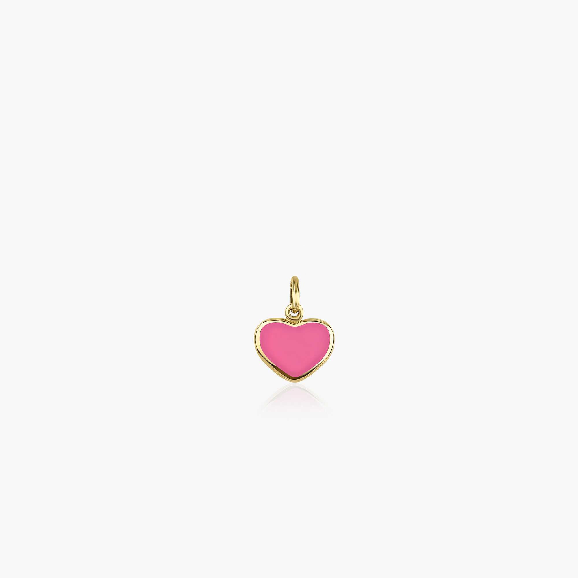 A small pink heart-shaped pendant made of 14K gold, with a glossy finish and a bail for attachment.