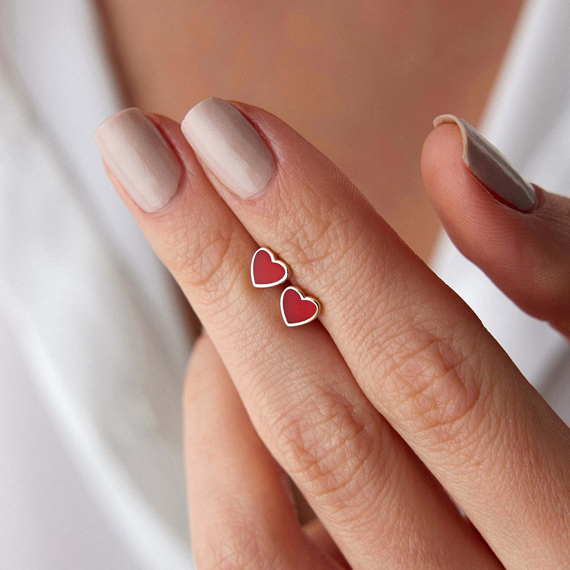Mini Red Heart Studs in 14K Gold