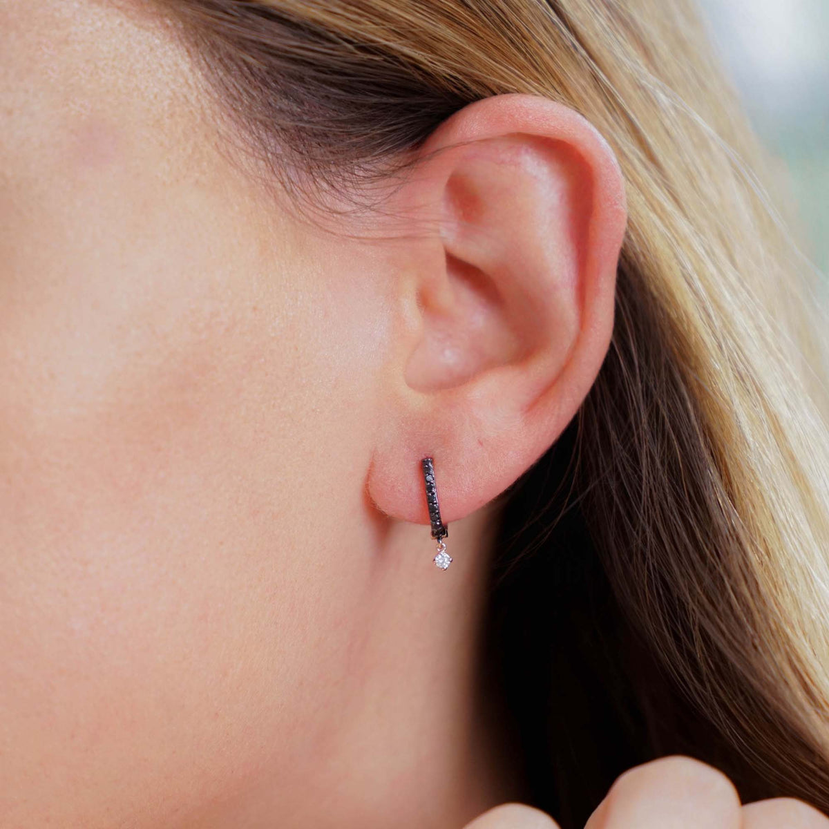 Single Minimal Black Diamond Dangle Hoop in 14K Gold