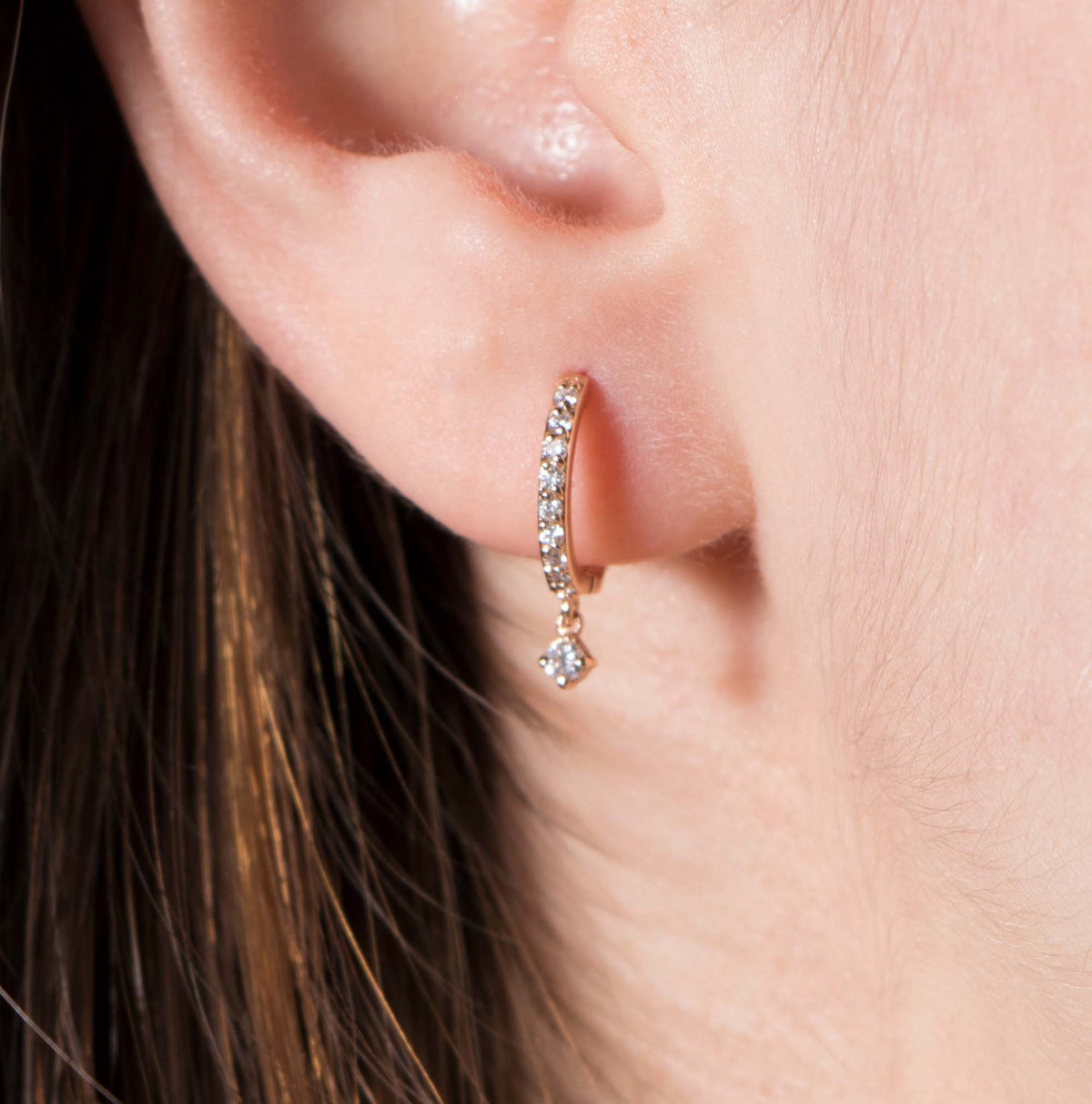 Single Minimal Diamond Dangle Hoop in 14K Gold