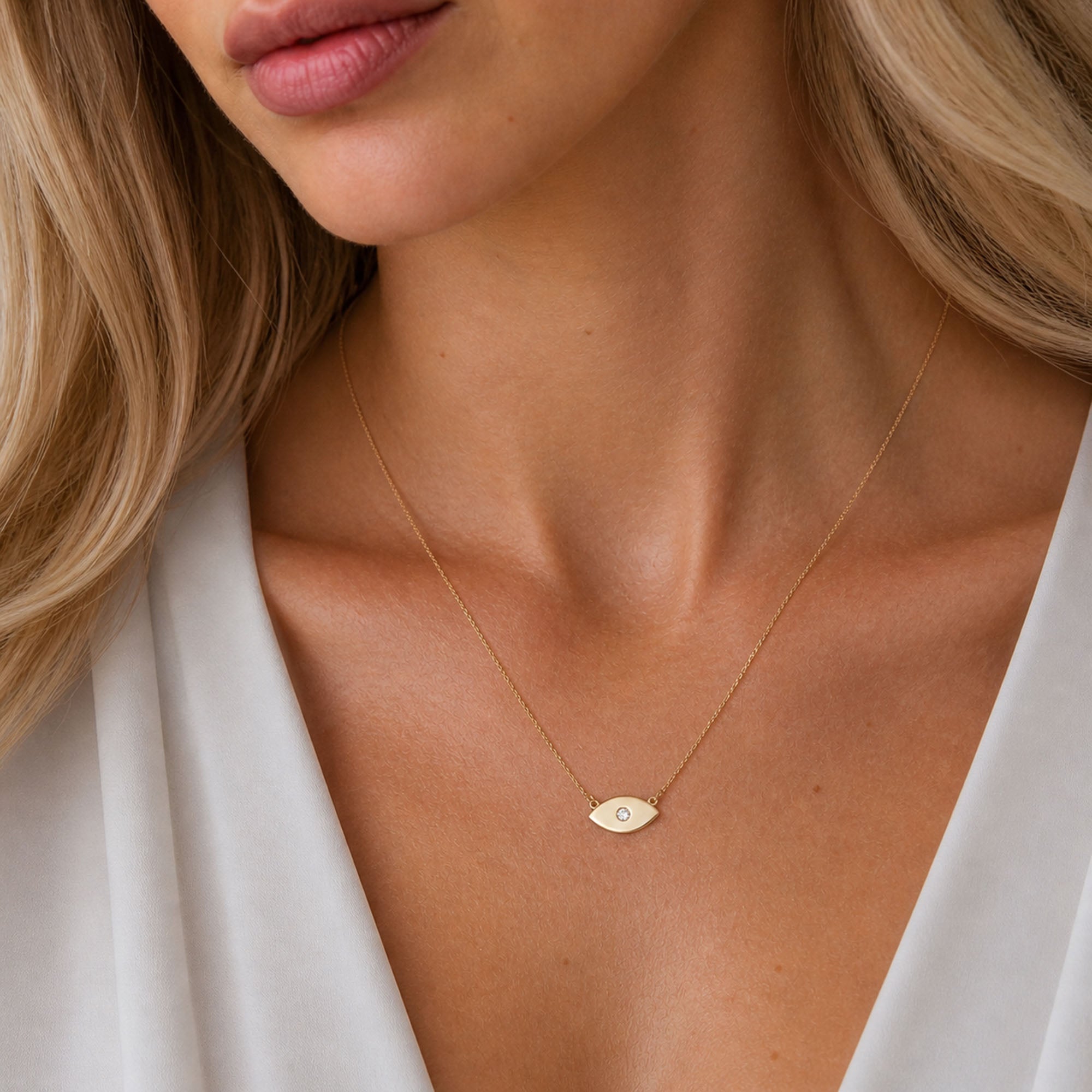 Mini Diamond Elongated Evil Eye Necklace in 14K Gold