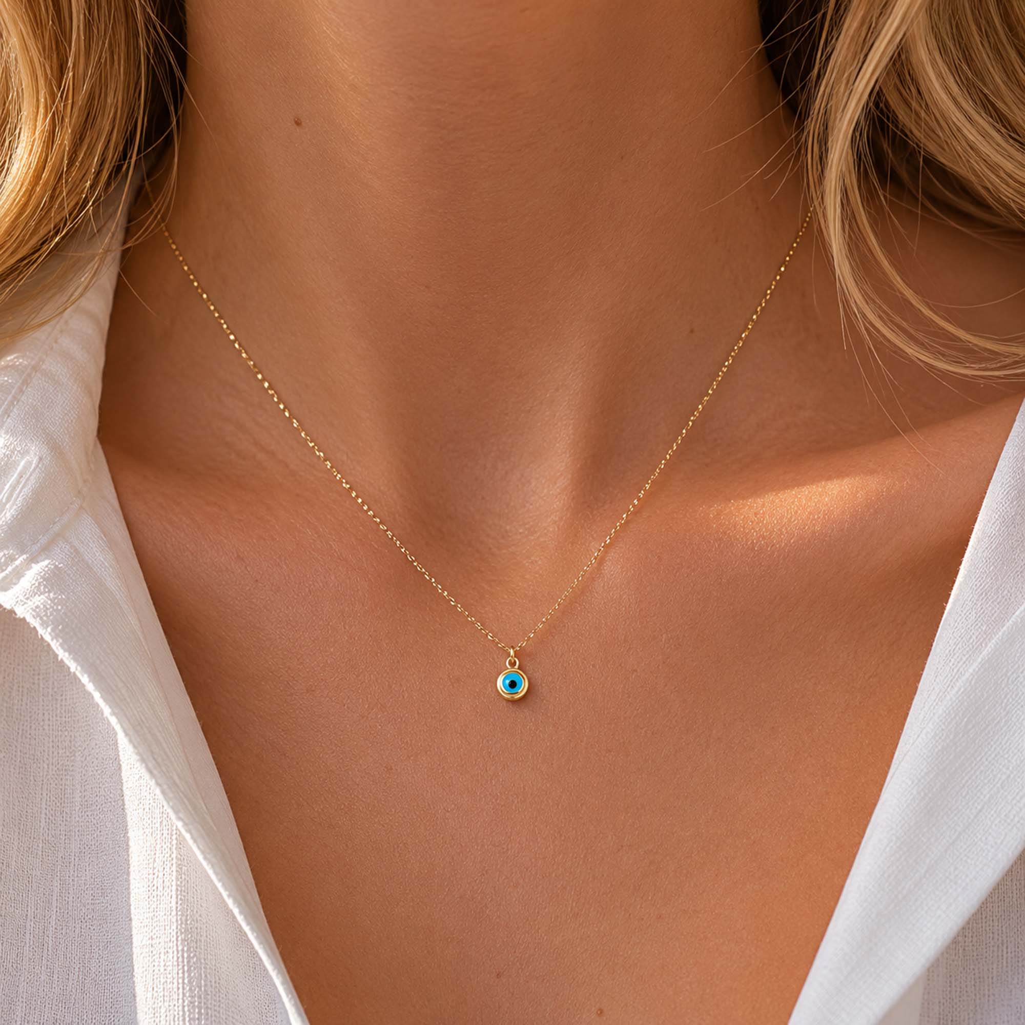 Minimal Evil Eye Necklace in 14K Gold