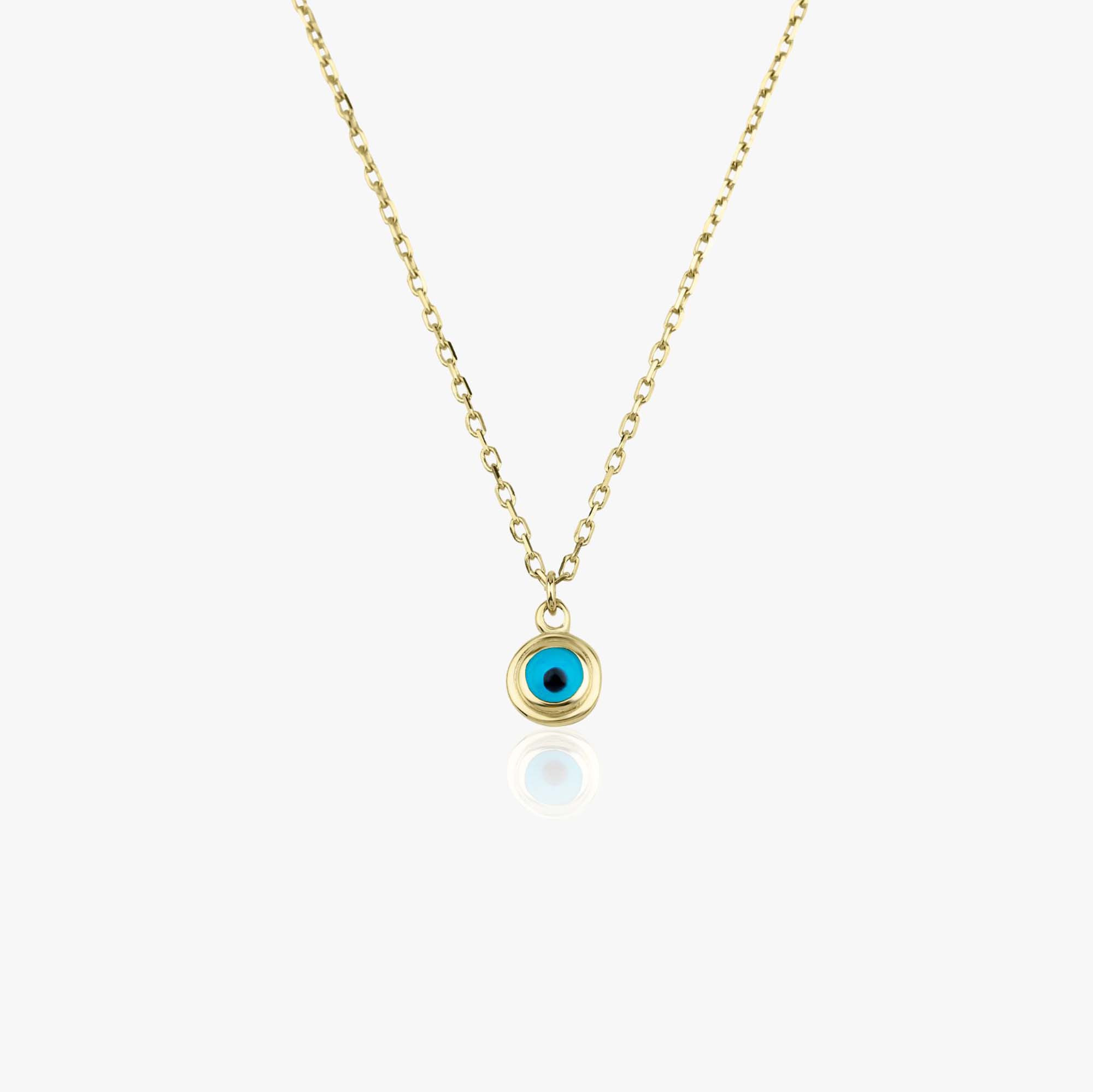 A 14K gold necklace with a minimalistic design featuring a blue evil eye pendant centered on a chain.